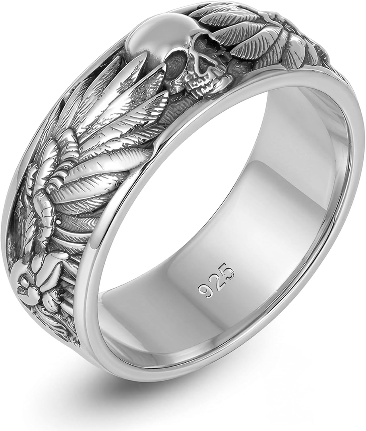 David Black Solid 925 Sterling Silver Raven and Skull Band Ring for Men – Gothic Viking Jewelry, Handmade Silver Ring, Vintage Biker Style, Unique Gift for Him