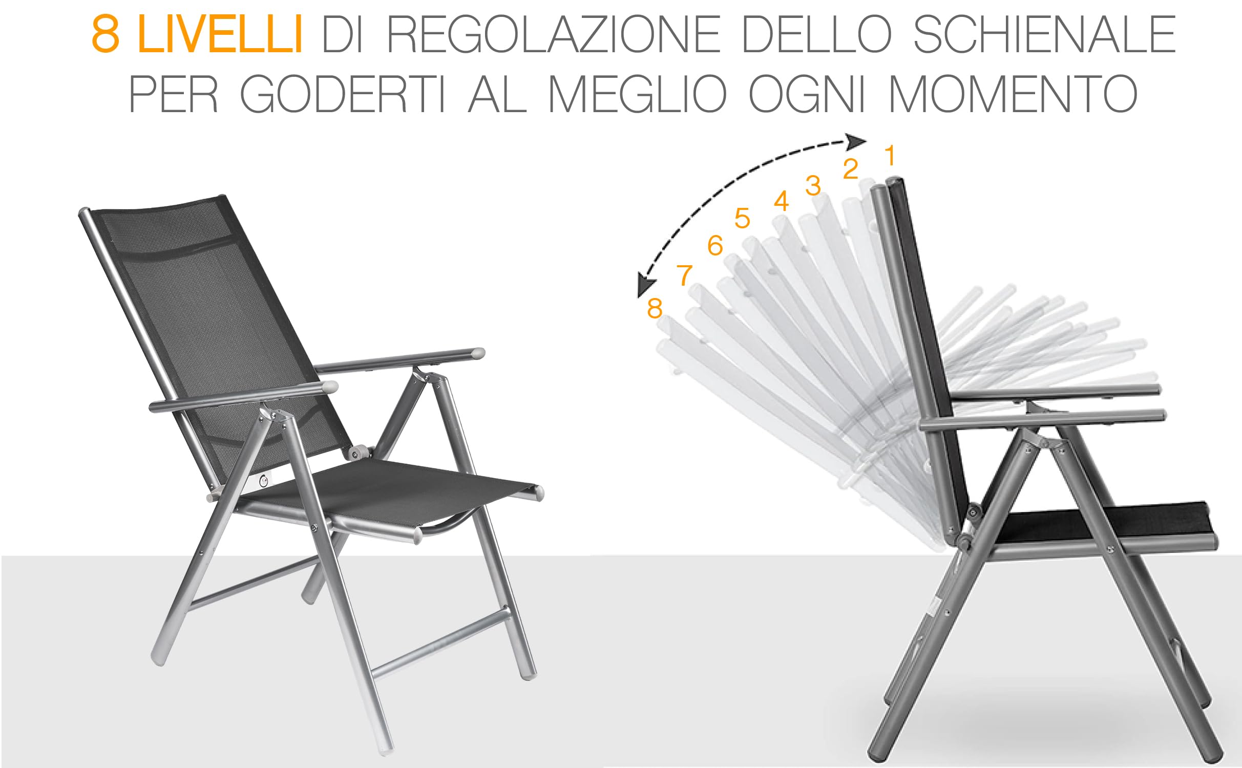 GOVITA - Set Sedia da giardino Pieghevoli da Esterni, Sedia da Giardino Pieghevole in Alluminio e Texteline Schienale Regolabile a 8 Livelli capacità di carico 157,5 Kg, colore NEW YORK GREY (4pezzi)
