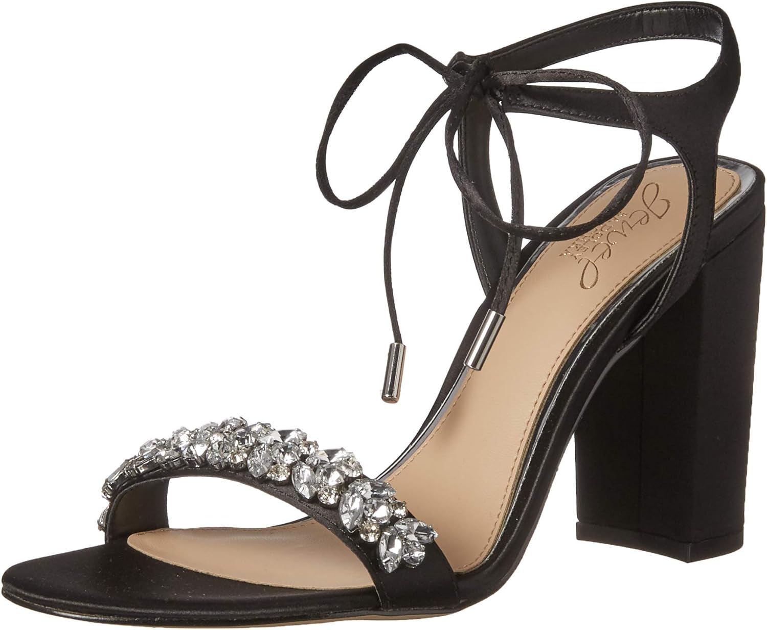 Jewel Badgley Mischka Women's UZURI Sandal, Black Satin, 8.5 M US