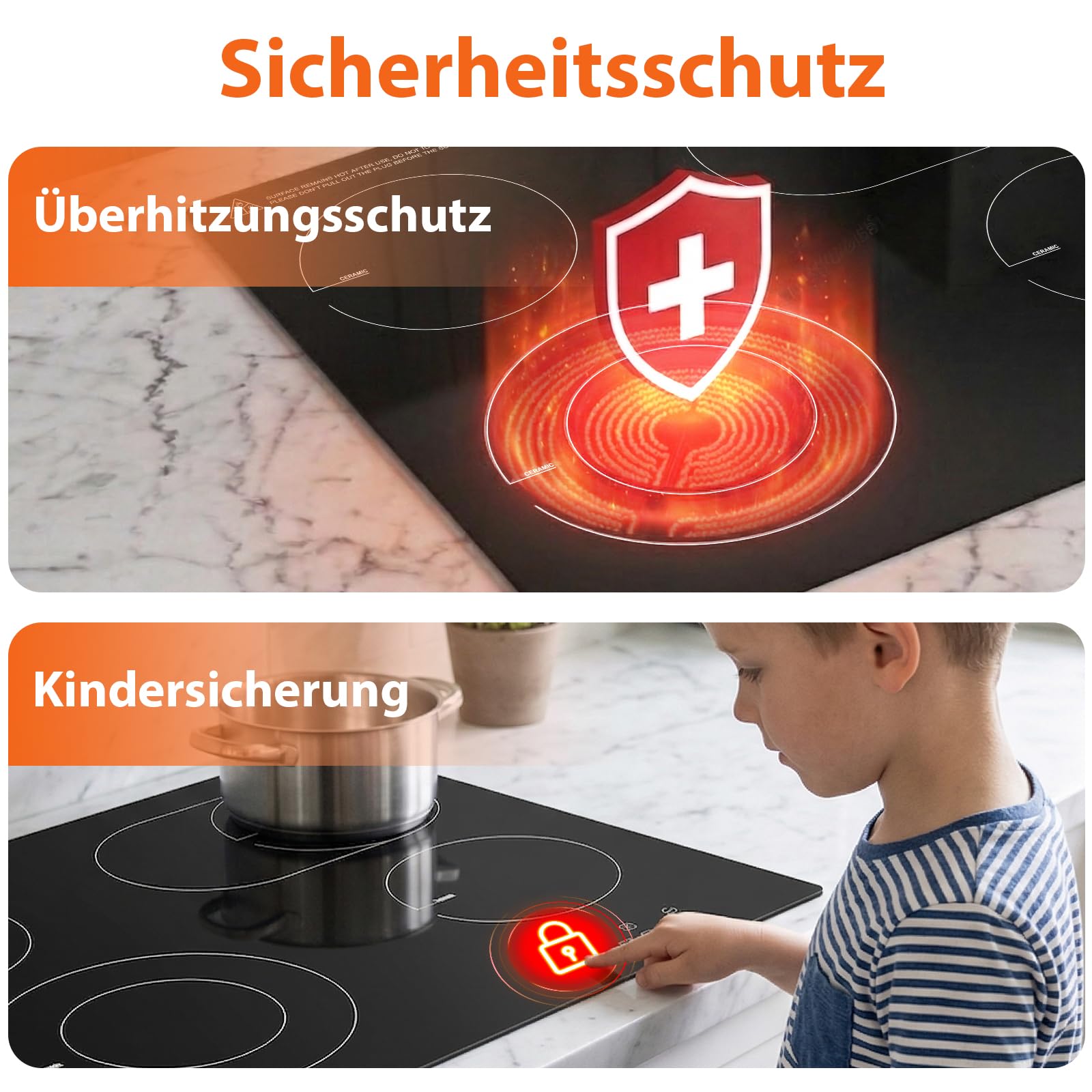 Topwish Glaskeramikkochfeld 4 Platten 60cm 6600W Elektroherd mit Kindersicherung Restwärmeanzeige Timer