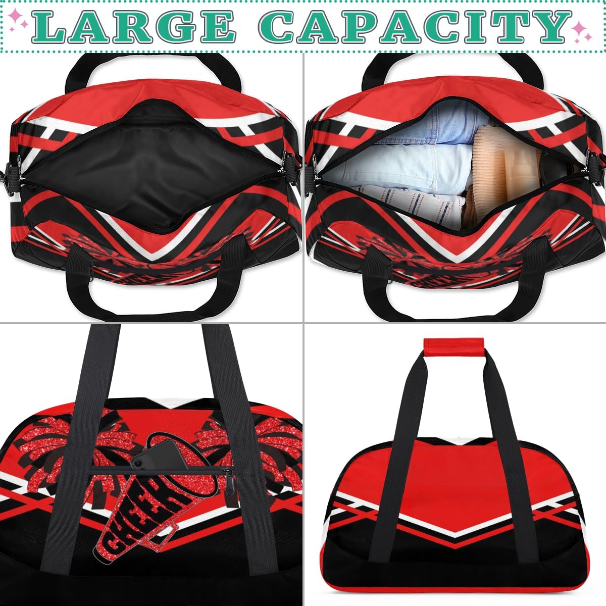 Cheerleading Bag Sport Duffle Bag, Gym Cheer Sports Dance Ballet Duffel Weekender Bags Travel Swimming Red Black Design - Image 5