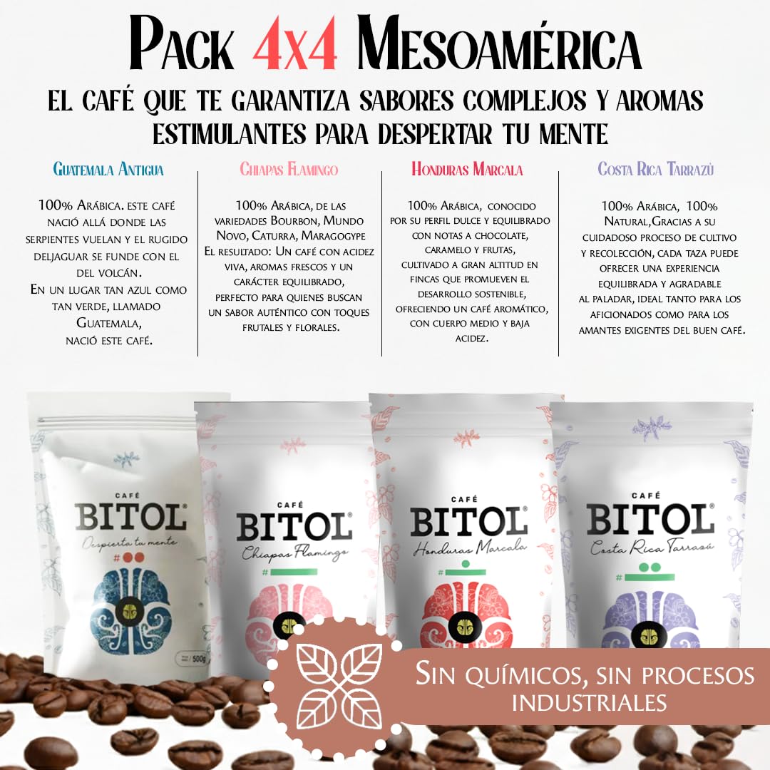 Cafés Bitol Pack 4 Cafe Mesoamérica 500 gr c/u | Costa Rica Tarrazú, Marcala Honduras, Flamingo Chiapas y Guatemala Antigua | Notas de Cítricos, Frutas, Caramelo y Cacao