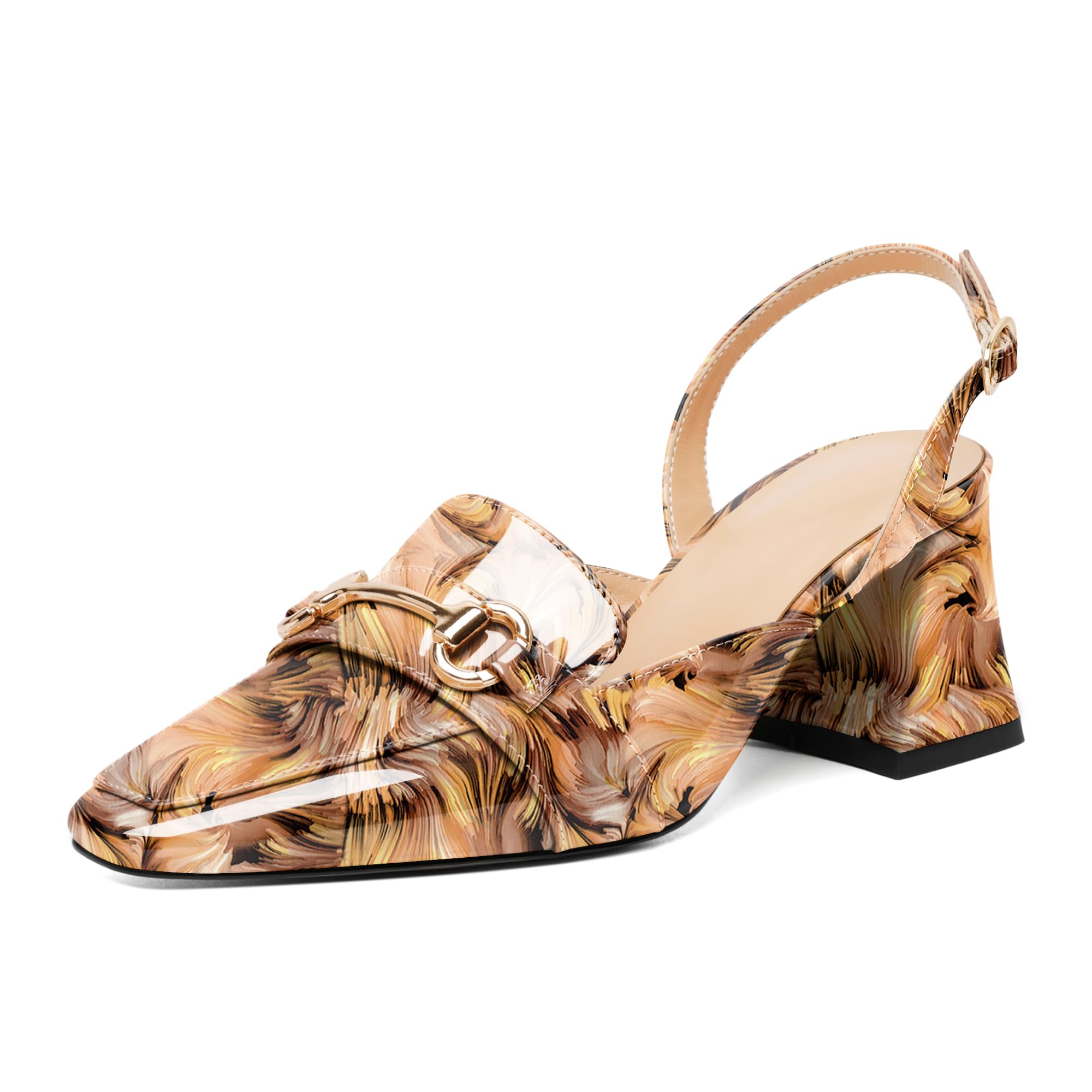 SAMMITOP Women Slingback Low Chunky Heels Loafer Pumps Metal Buckle Block Heeled Sandals Closed Square Toe Dress Shoes Work Office Casual 2.5 Inch