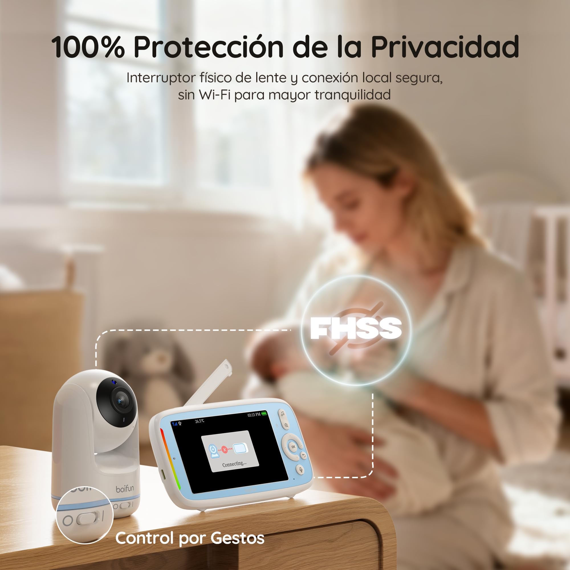 BOIFUN 5" Camara Vigilancia Bebe, sin WiFi, Rotación de 360°, Visión Nocturna Infrarroja Invisible, VOX Activación por Sonido, Comunicación bidireccional, Temperatura, Protección de la Privacidad