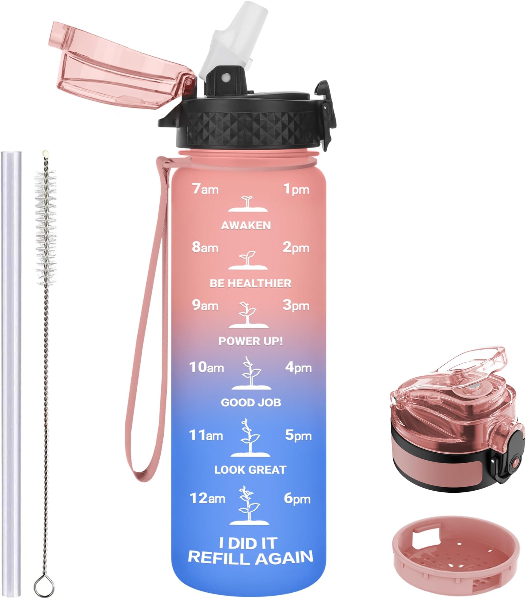 GOPPUS 500ml/17oz Kids Water Bottles with Straw Tritan Childrens Bottle with Flip Top Lid BPA Free Measured Drinks Bottles with Strap for School Girls Boys Sports Reusable Time Markings Leakproof