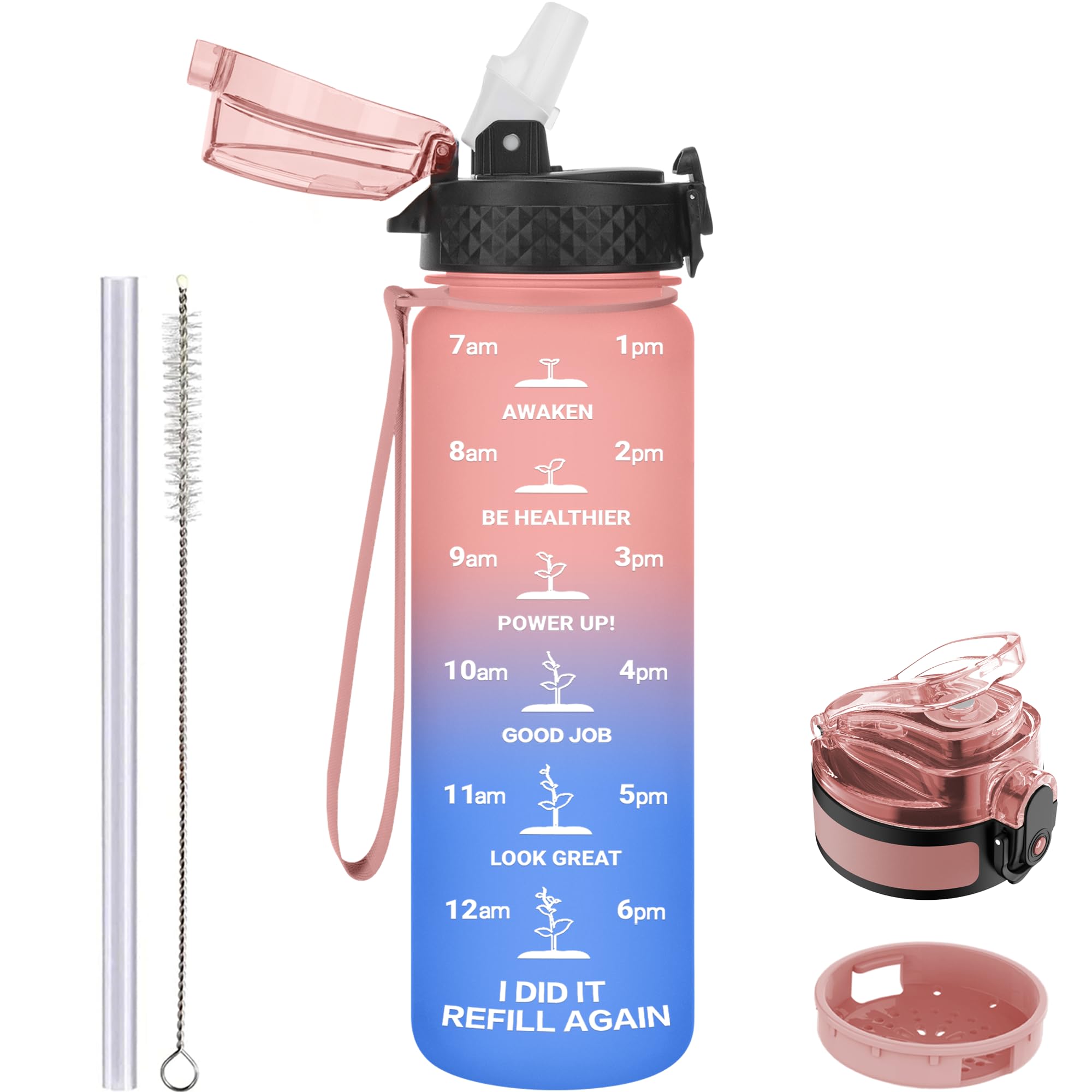 GOPPUS 500ml/17oz Kids Water Bottles with Straw Tritan Childrens Bottle with Flip Top Lid BPA Free Measured Drinks Bottles with Strap for School Girls Boys Sports Reusable Time Markings Leakproof