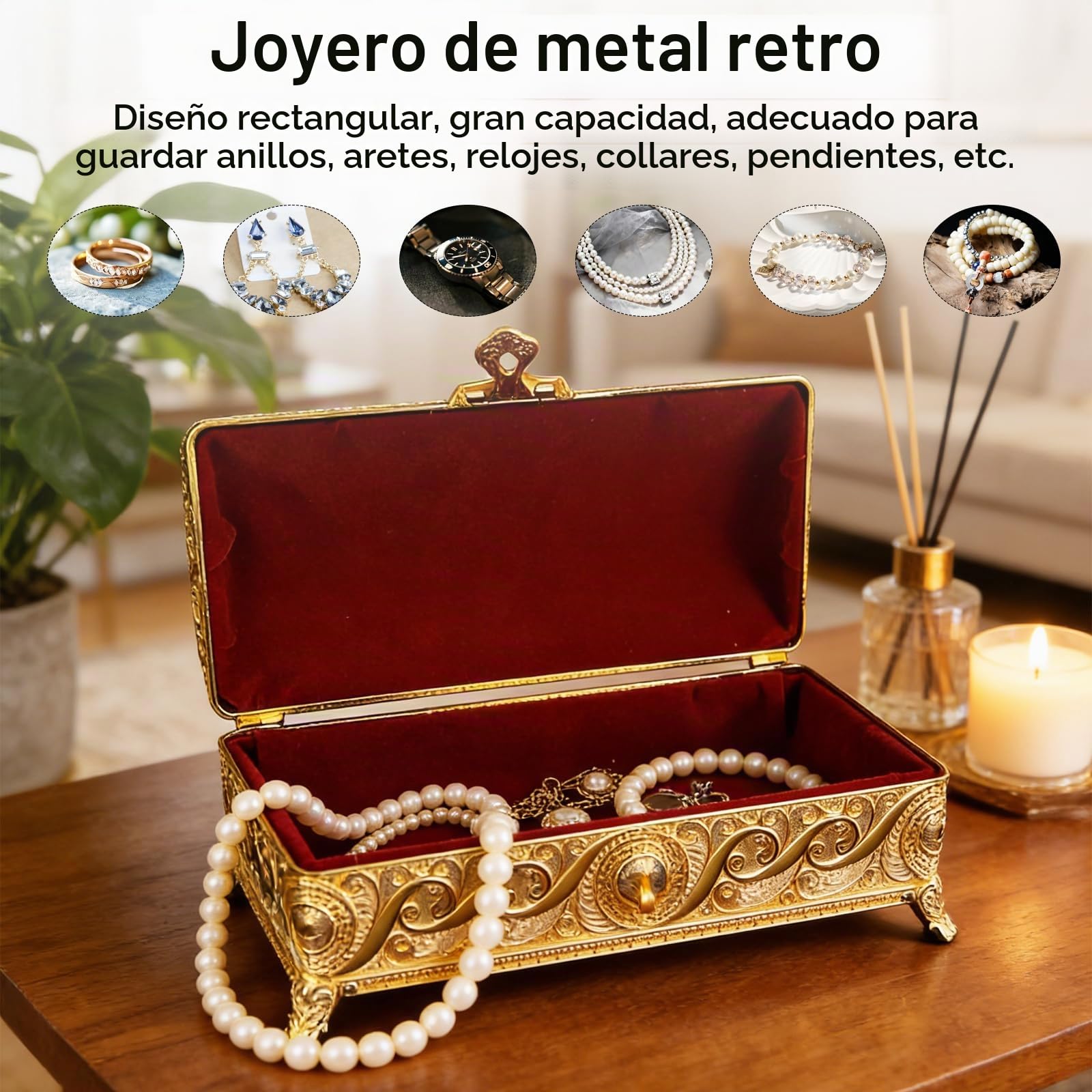 Joyero, Grande De Metal Joyeros Para Mujer Joyero Rectangular Vintage Para Pendientes Relojes Anillos Y Collares Resistente A La OxidacióN Y A Los ArañAzos 23x11x8cm (Oro)