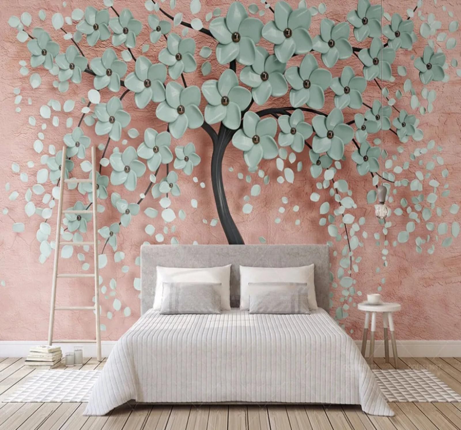 Wallpaper-3D-Xlm 350Cm×256Cm(B×H) Romantic Three Dimensional Small Tree With Blue Flowers 3D Wallpaper Easy Install Feature Office Living Room Sofa Bedroom Tv Background Wall Decoration-350Cm×256Cm