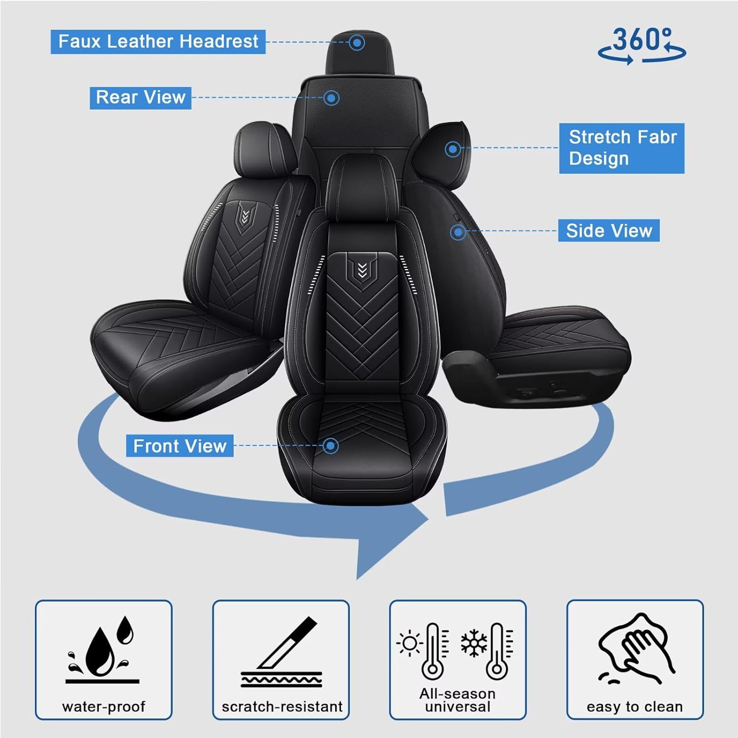 Seat Covers Fit for Dodge RAM 1500 2500 3500 2002-2024 2025 2026 Full Set with Waterproof Leather Automotive Vehicle Cushion Cover for Cars Truck（5 Seats/Curved Bench/Black）