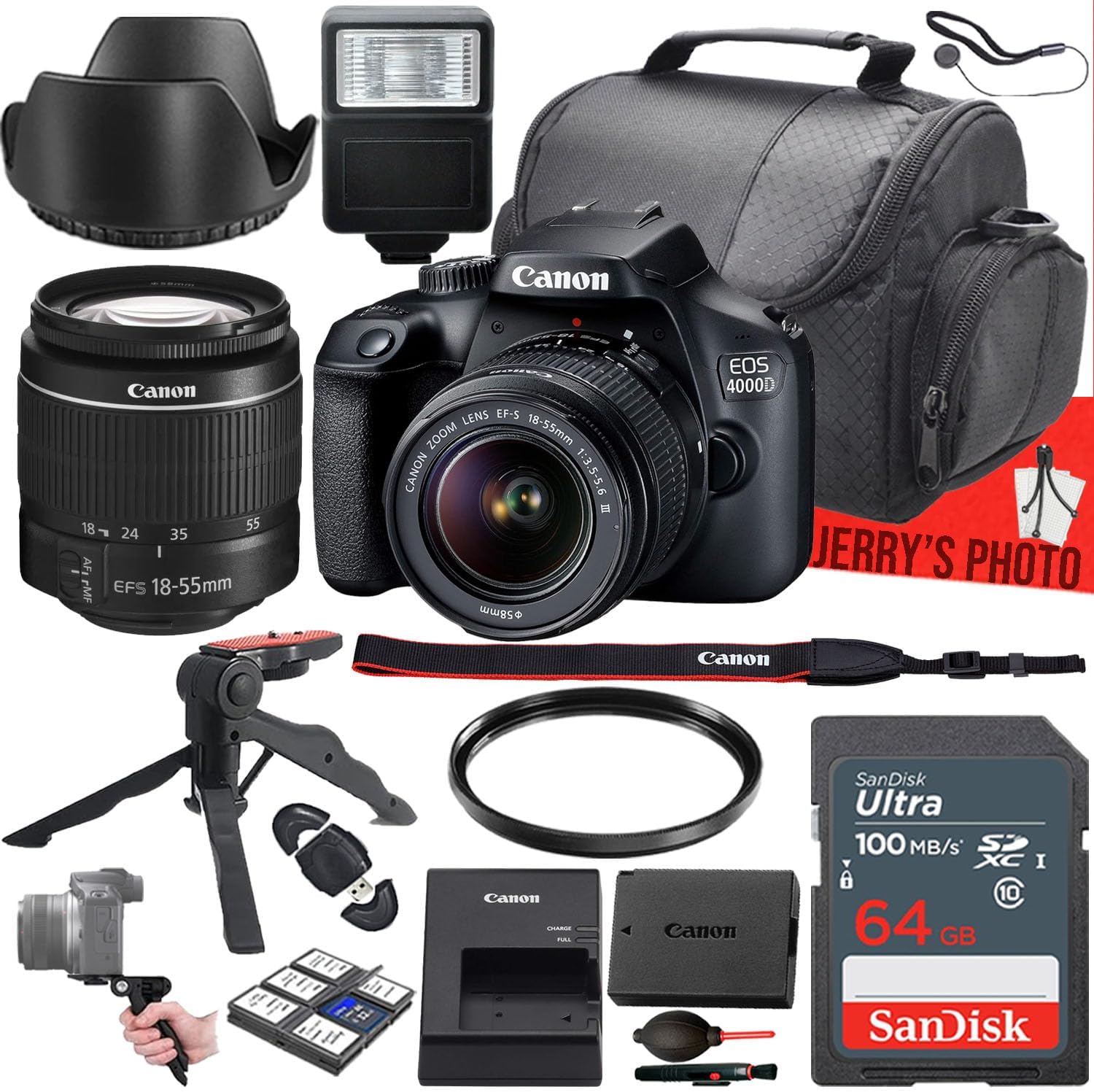 Canon EOS 4000D/Rebel T100 DSLR Camera with Canon EF-S 18-55mm f/3.5-5.6 III Lens + 64 GB Memory + Slave Flash + Camera Case + UV Filter + Gripster Tripod + More (16pc Bundle) (Renewed)
