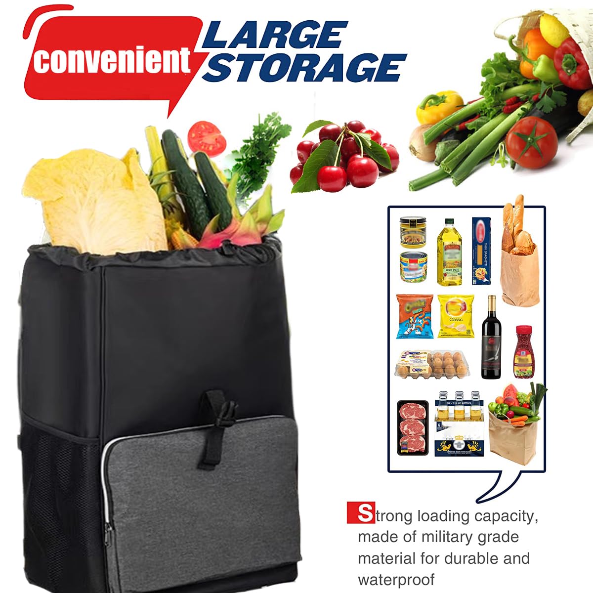 2in1 Einkaufstrolley Treppensteiger, Trolley groß 40 Liter, Einkaufswagen, Einkaufstasche mit Rollen, Klappbar, Tasche Abnehmbar, Einkaufsroller, Handwage (Red)