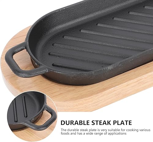 Miniatura 6 de Plato Sizzling con base de madera - Plato de carne de hierro fundido pre-sazonado sartén de fajita de hierro fundido chisporroteante sartén de