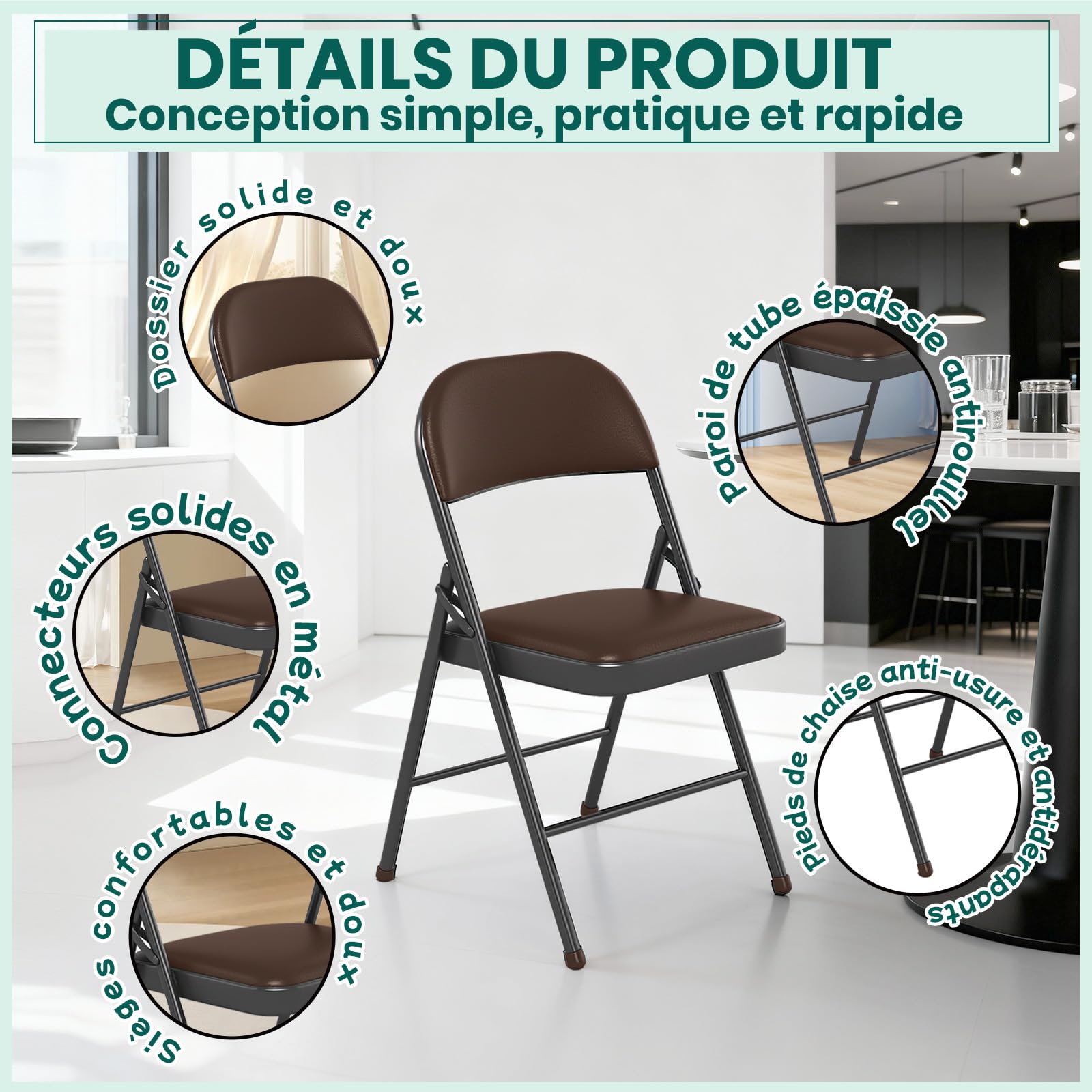 Chaise Pliante en Cuir PU Rembourrée, Cadre en Métal Solide, Légère et Compacte, pour Bureau, Maison, Événements (6, Marron)