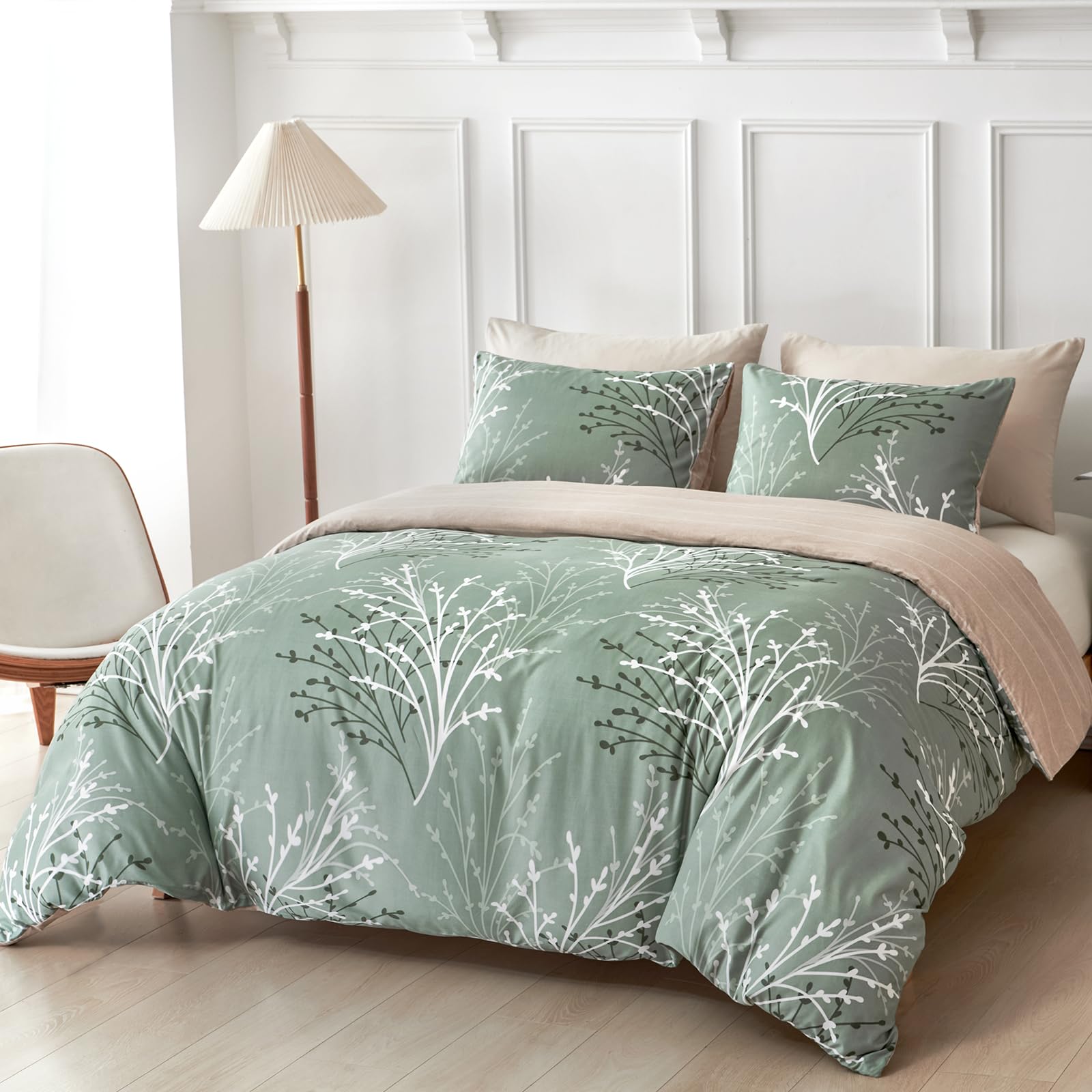 Tokokimo 4PCS Duvet Cover Sets King Size Bedding Sets, Botanical Branches Printed Grey Kingsize Duvet Cover Sets with Pillowcases and Extra Fitted Sheet, Soft Microfiber King Size Bedding Sets — view 43