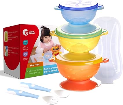 Amazon Cute Stone ベビー食器セット ベビー用プレート 離乳食セット ボウル 吸盤付きボウル3点セット シリコンスプーン 収納ケース付き 持ち便利フタ付き こぼれ防止 ひっくり返し防止 保温できる 電子レンジ 食洗機可 出産祝い プレゼント アメリカfda認証 ブルー
