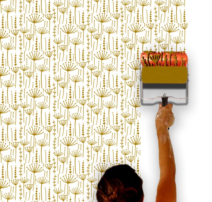 Image of Design Paint Roller with Dandelion Puff Pattern - Reusable Decorative Wall Texture Roller for DIY Home Decor, Accent Walls, Furniture, and Crafts - Durable Embossed Stencil Painting Tool