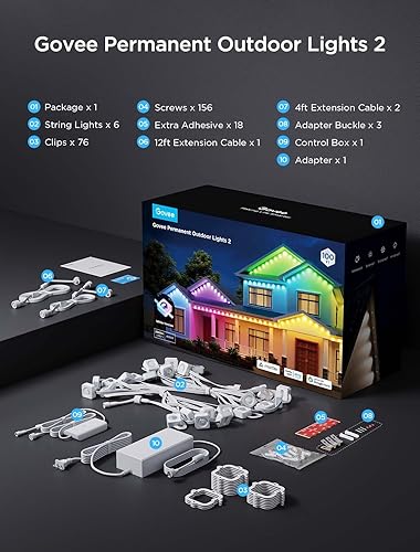 Miniatura 9 de Govee 2 luces permanentes para exteriores, luces RGBIC para exteriores de 100 pies con 72 luces LED, IP67 impermeable, 100 modos de escena con 40 lm