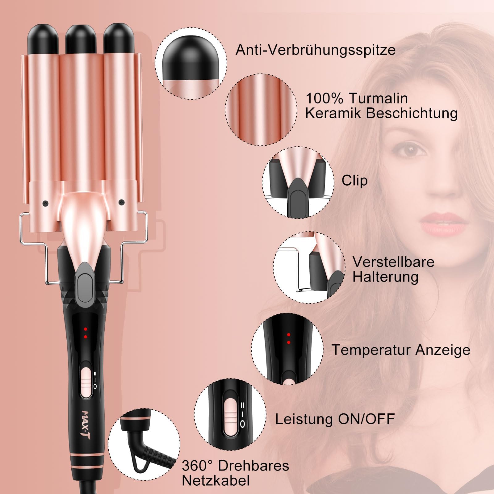 Lockenstäbe Set 5 in 1, MAX-T Lockenstab mit 3 Fässer und Multifunktion Thermal Brush, mit Verschiedenen Aufsätzen 9-38mm, PTC-Schnellheizung Temperaturregelung und Schutzhandschuhen