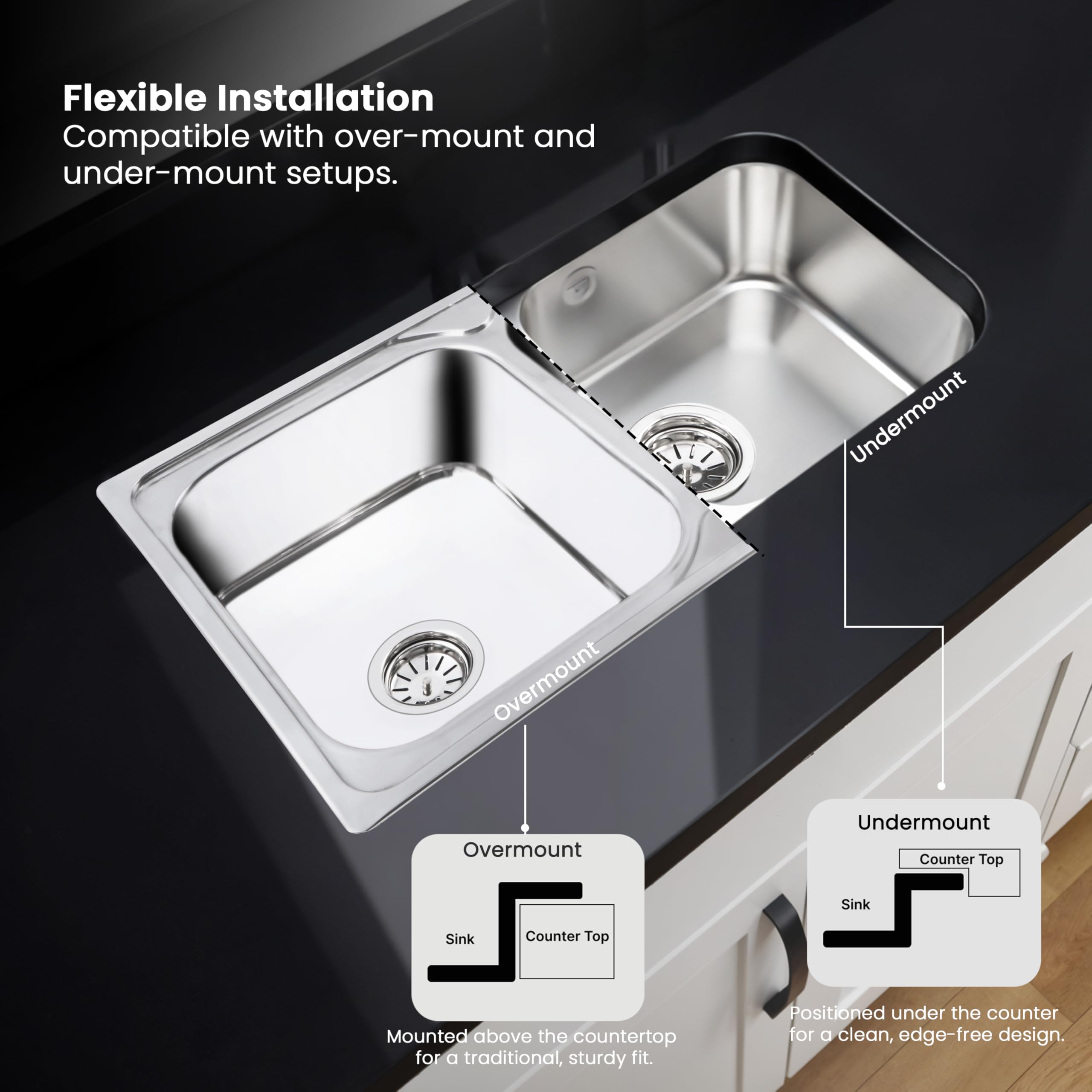 Ruhe® Square Double Bowl 37 x 18 x 8 inches Kitchen Sink | 304-Grade Stainless Steel Square Double Bowl Kitchen Sink | Glossy Finish | Included 2 Sink Coupling, Waste pipe and Double Bowl Connector 4