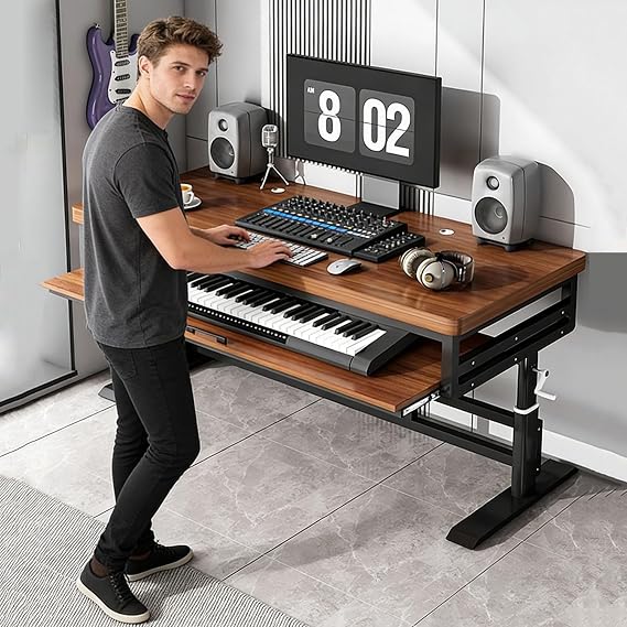 Height Adjustable Music Studio Desk with Keyboard Tray Standing Computer Workstation with Cable Management, MIDI Shelf & Metal Legs for Recording, Production, Home Office(Walnut+Black,62in)