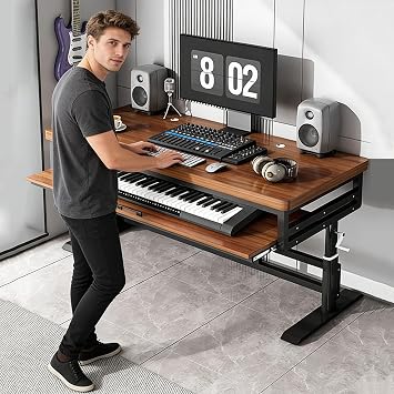 Height Adjustable Music Studio Desk with Keyboard Tray Standing Computer Workstation with Cable Management, MIDI Shelf & Metal Legs for Recording, Production, Home Office(Walnut+Black,62in)