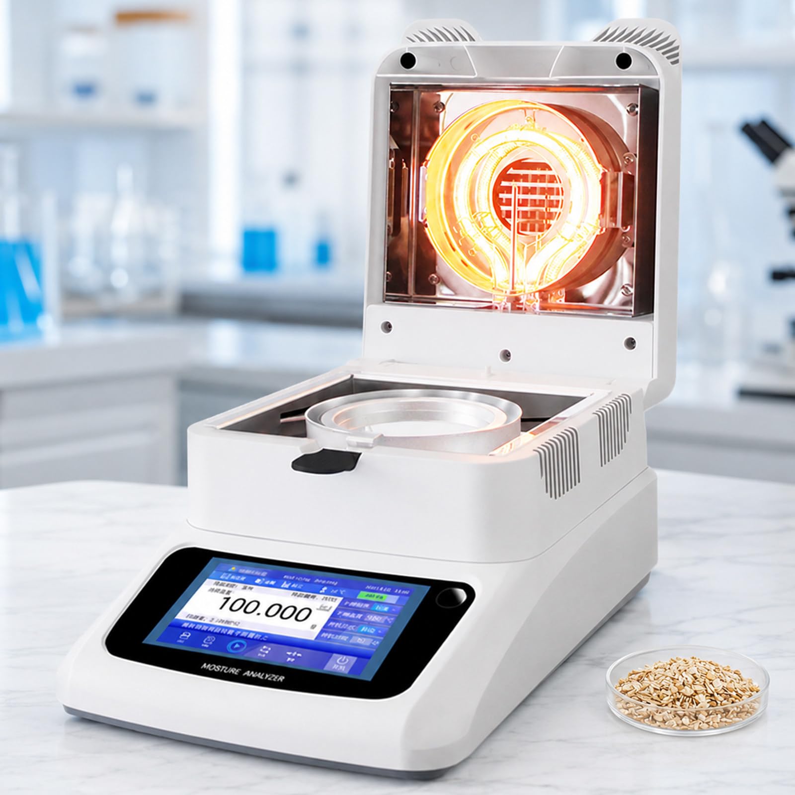 lilishangmao Lab Halogen Moisture Analyzer, 0.01% Moisture Readability, 120g Moisture Balance with Touch Panel, 40-230°C Adjustable Heating, for Food, Crops, Feed, Tea And Industrial Samples A-1205