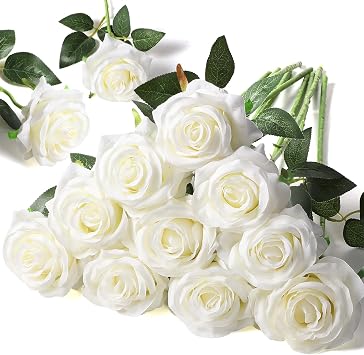 12pcs Artificial Flowers Realistic Silk Rose Flower Bouquet Long Stems Faux Flowers Home Wedding Party DecorWhite