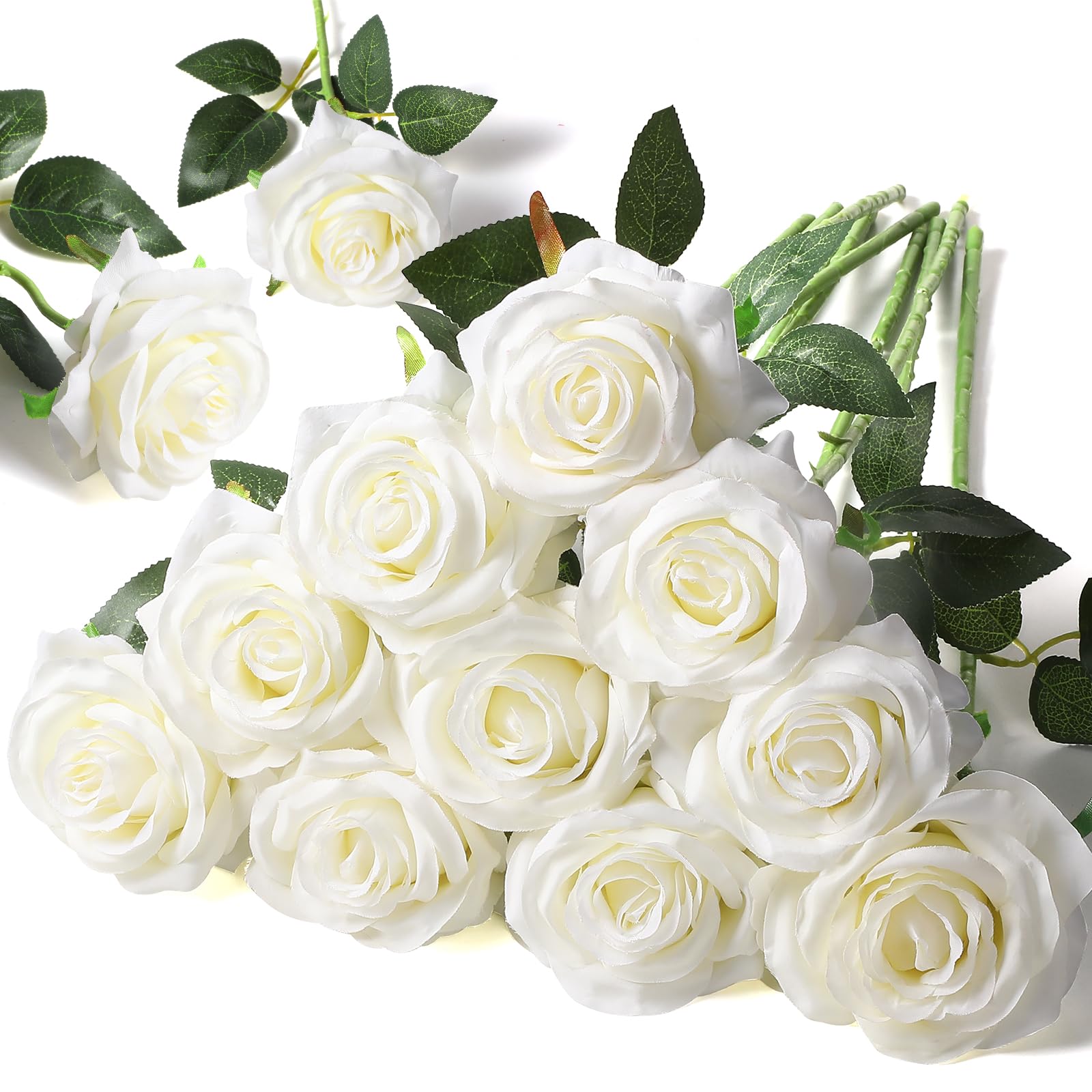 Floralsecret White 12 Pcs Artificial Silk Rose Flower Bouquet Faux Flowers Home Wedding Party Decor(White)