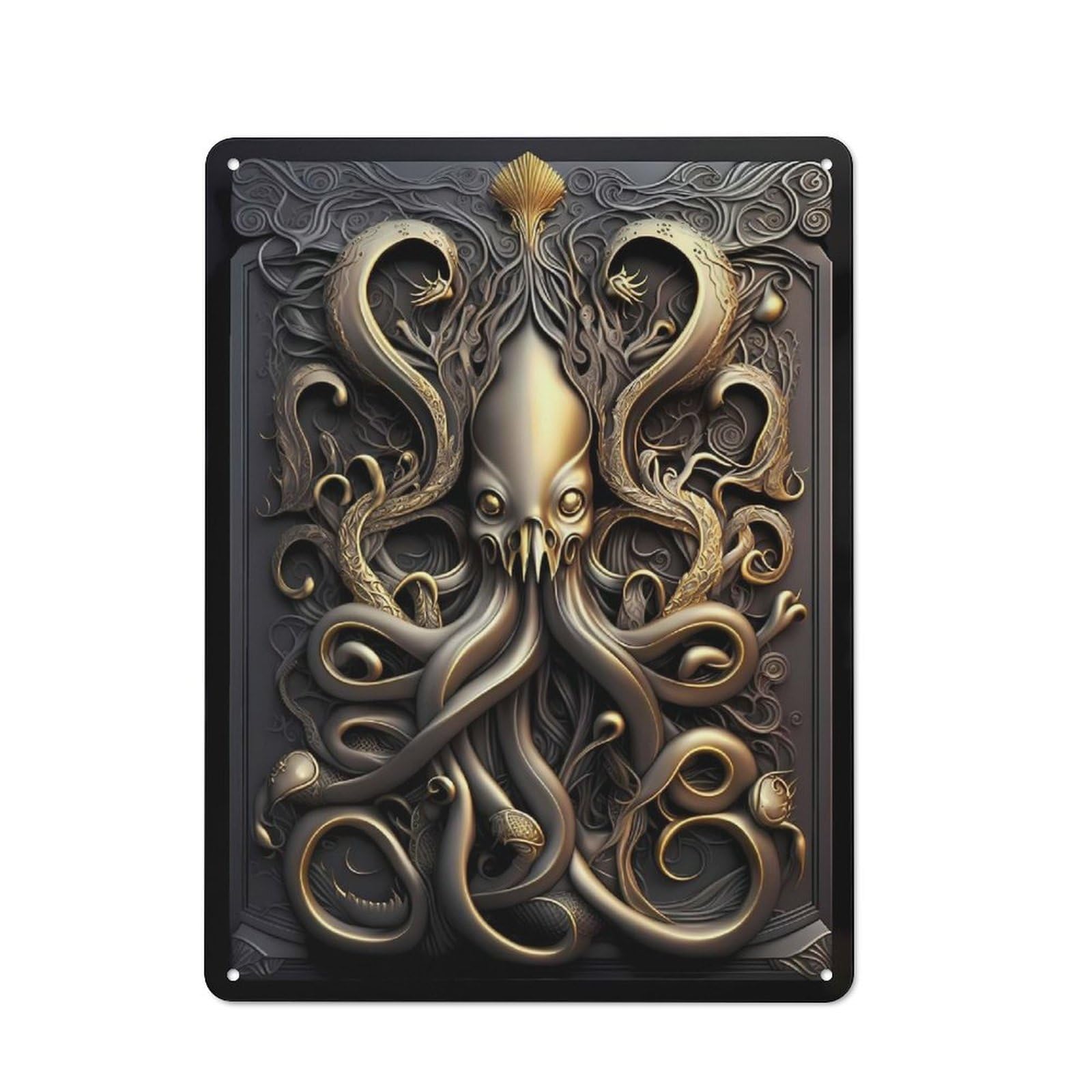 Junmoney Style-18 Tin Wall Plaque 40X30cm With Epic Kraken Golden Monster For Garage Wall, Suited To People Furnishing A Garage