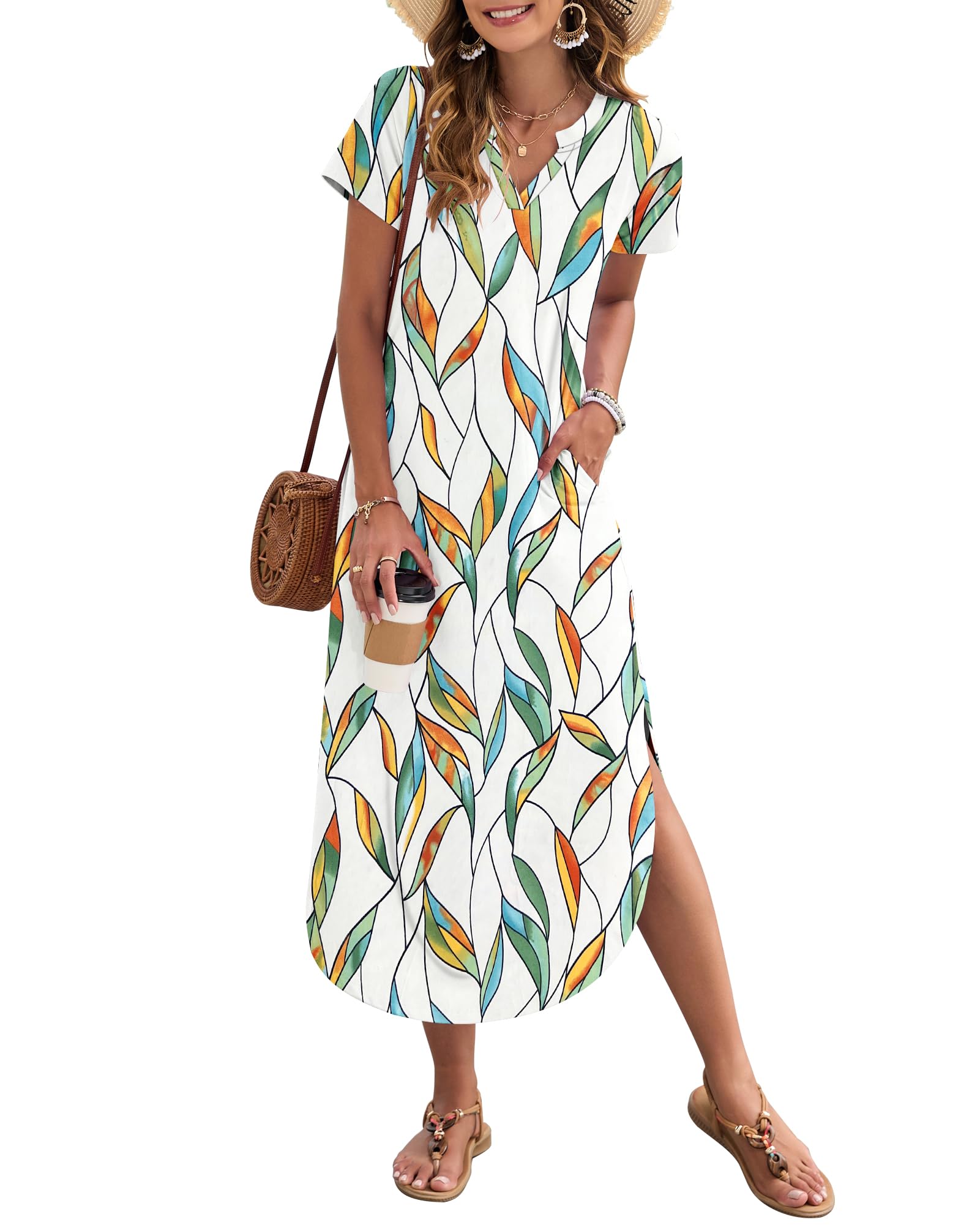AUSELILY Damen Sommer Maxikleid Kurzarm V-Ausschnitt Lockeres Strandkleid mit Seitenschlitz für Urlaub