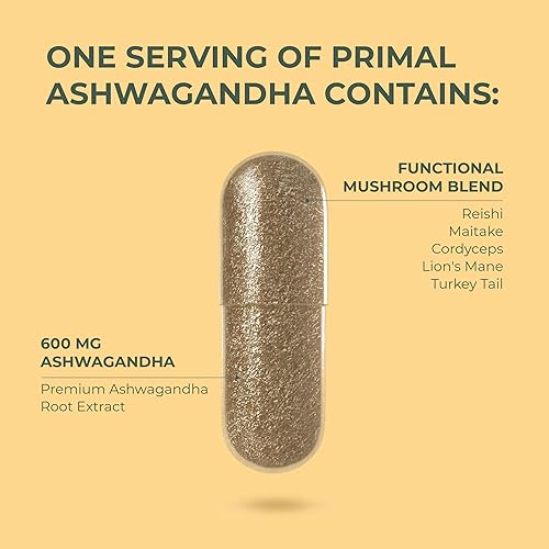 Miniatura 5 de Primal Harvest Suplemento Ashwagandha con 5 extractos de hongos melena de león, reishi, cordyceps, cola de pavo y maitake para apoyo inmunológico y