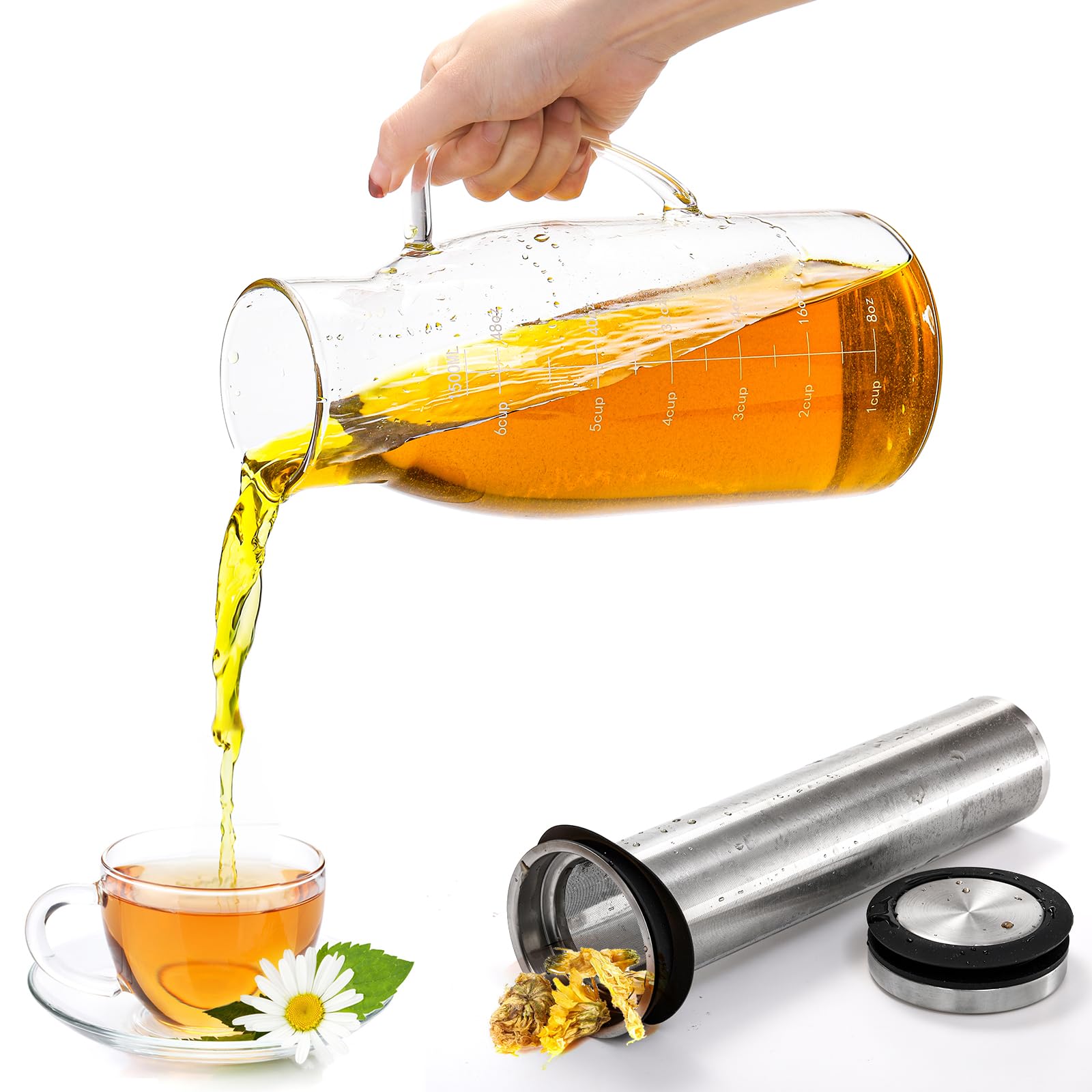 Tebery Jarra de café helado Cold Brew con filtro de acero inoxidable extraíble y tapa, jarra de vidrio de 1,5 L/1,445.8 g con boquilla para café, té helado, bebidas de frutas, limonada