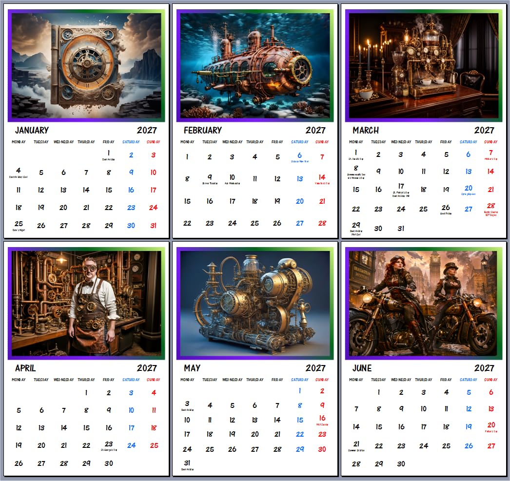 Steampunk 2027 Wall Calendar A4 Size One Page Per Month