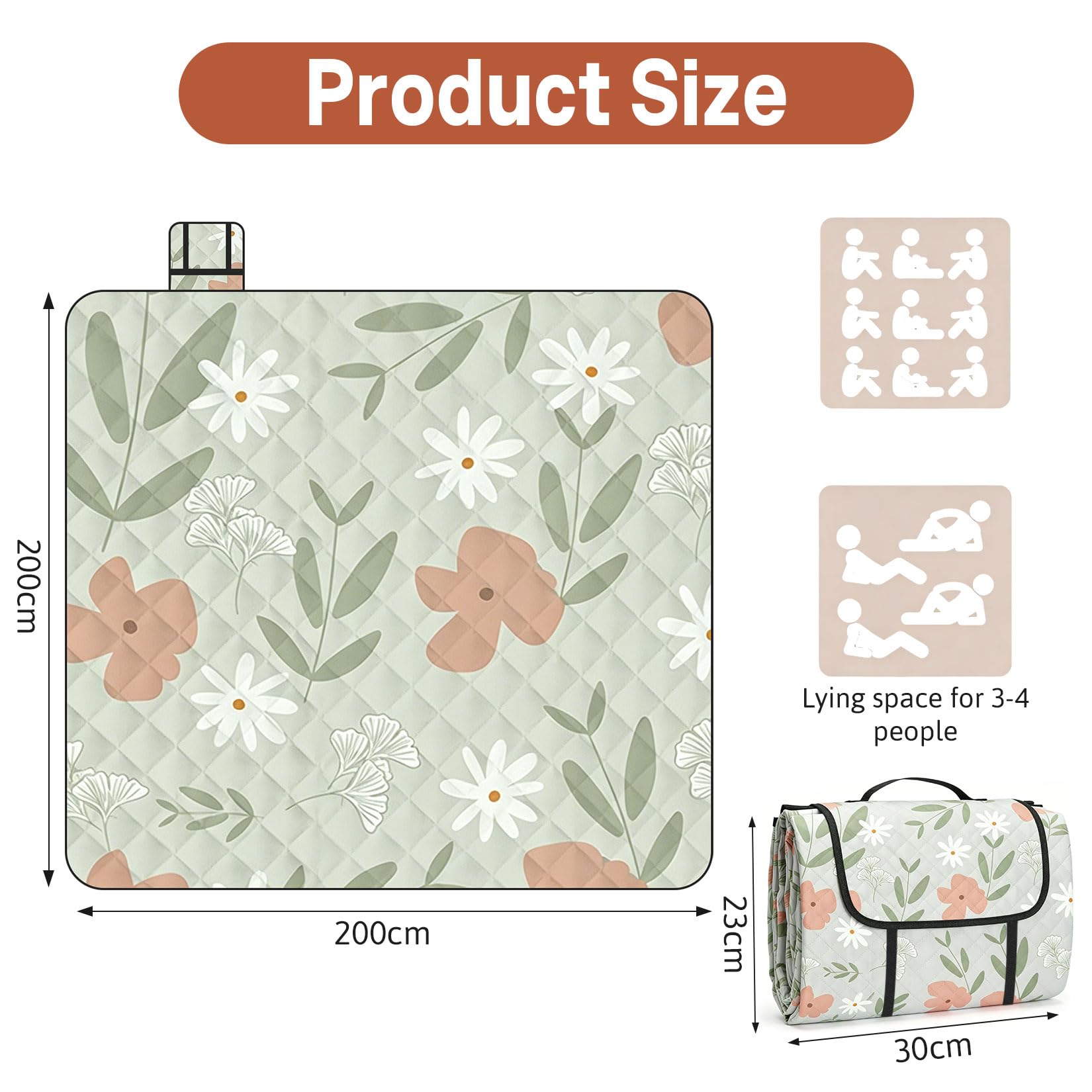 Picknickdecke 200x200 cm, Wasserdicht & Waschbar aus robustem Oxford Gewebe, Hautfreundliche Stranddecke isoliert, Faltbare Outdoor Matte für Familie, Camping & Park (Flower)