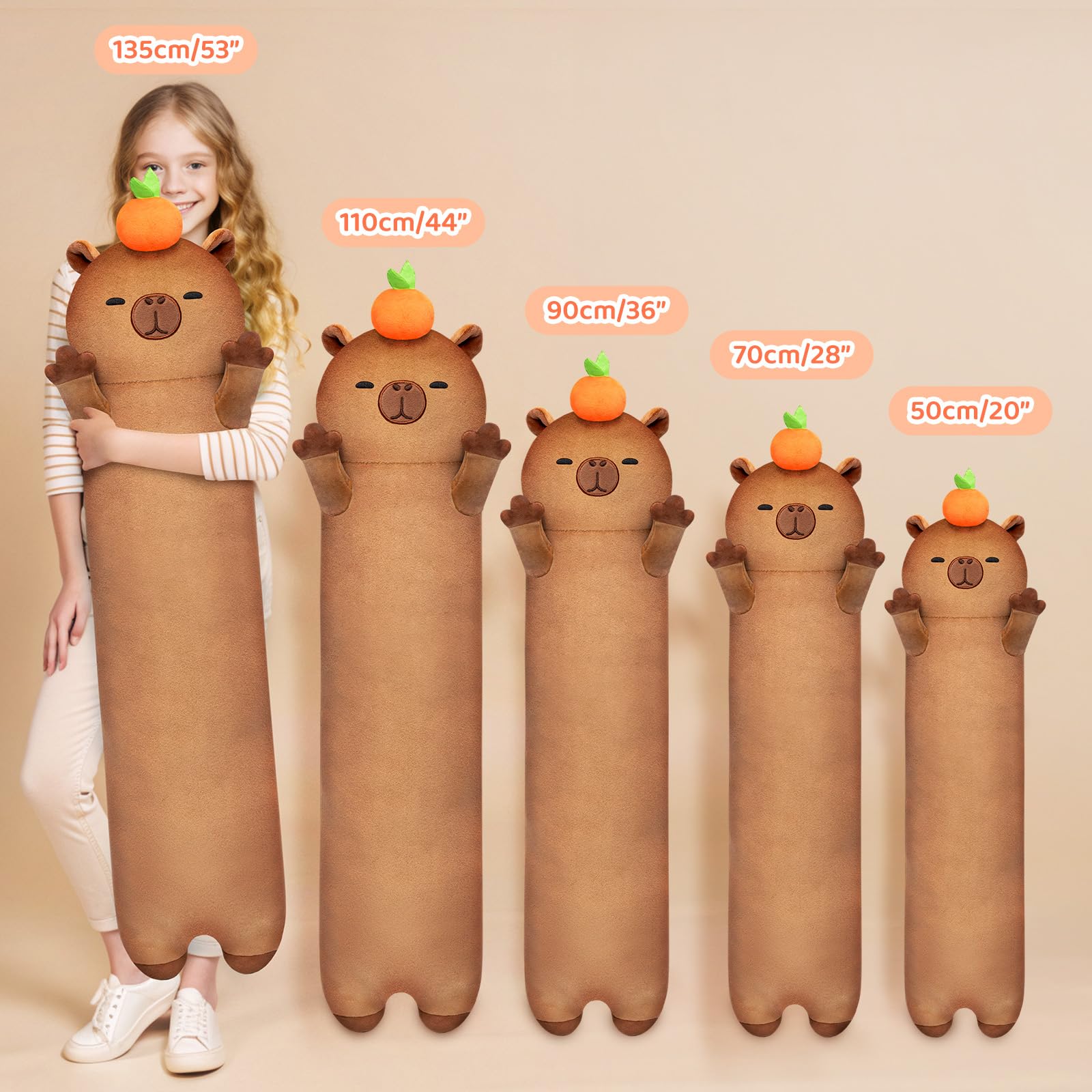 Lang Capybara pluche 5 maten, 120% extra vulling, enorm pluche lichaamskussen voor kinderen, Kawaii schattig capibara, groot lang lichaamskussen, katten, pluche cadeau voor meisjes, 110 cm