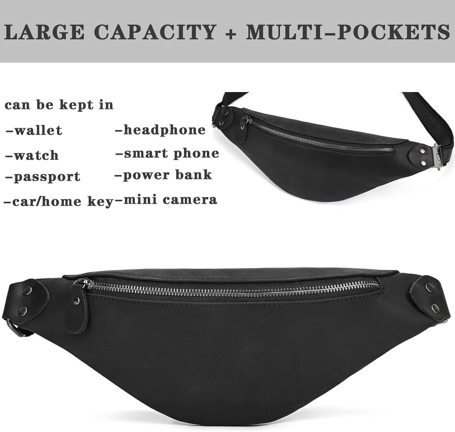 Genuine Leather Slim Waist Pack for Man & Woman, Vintage Design & 4 Zipper Pockets & Adjustable Strap, Large Capacity Fanny Pack Crossbody Belt Bag for Travel or Ride, 1033 Black - Image 4