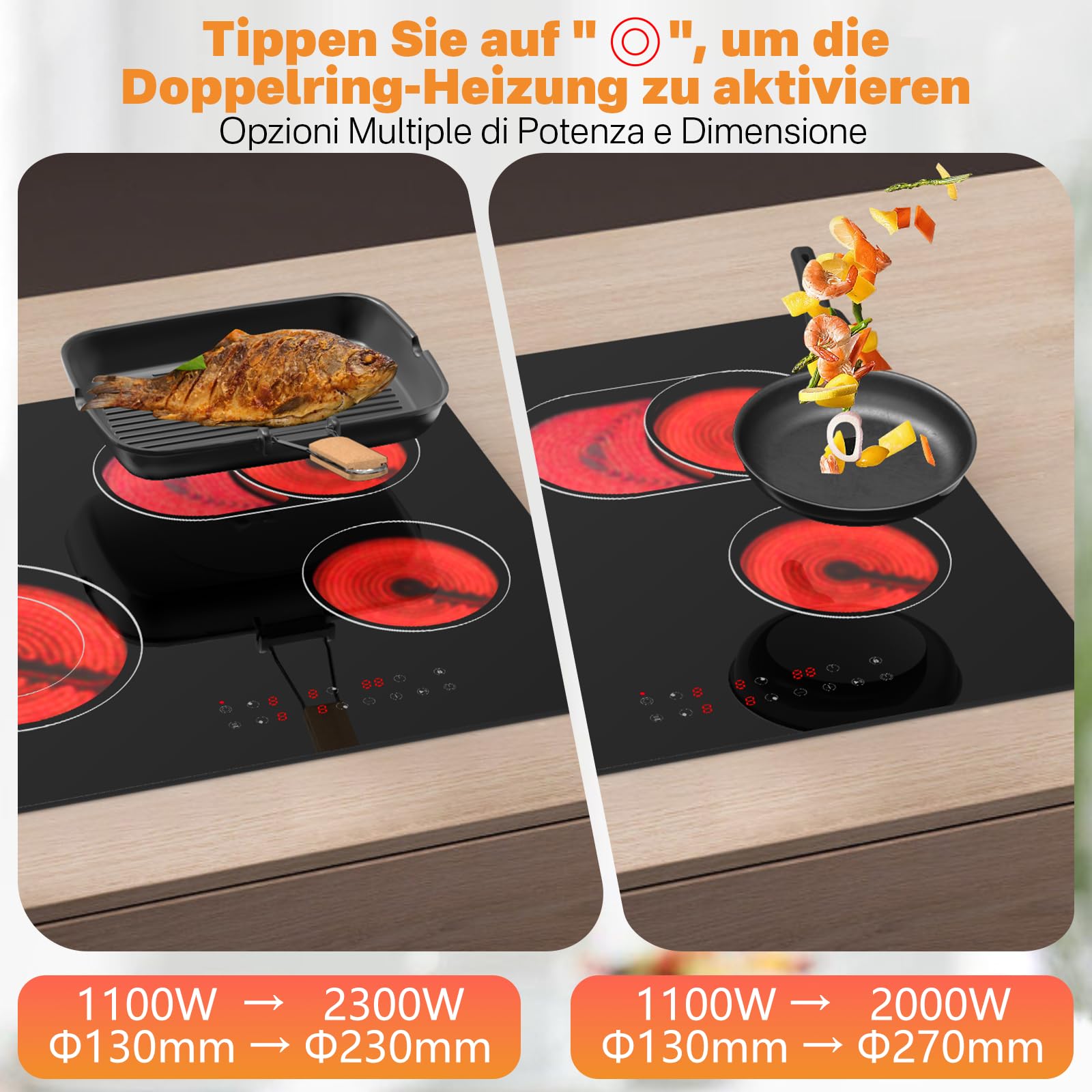 60 cm Glaskeramik Kochfeld 4 Zonen, Infrarot Elektrokochfeld Einbau 230V, 9 Leistungsstufen, Timer, Pause, Warmhaltefunktion, Kindersicherung, EU46T1-1R