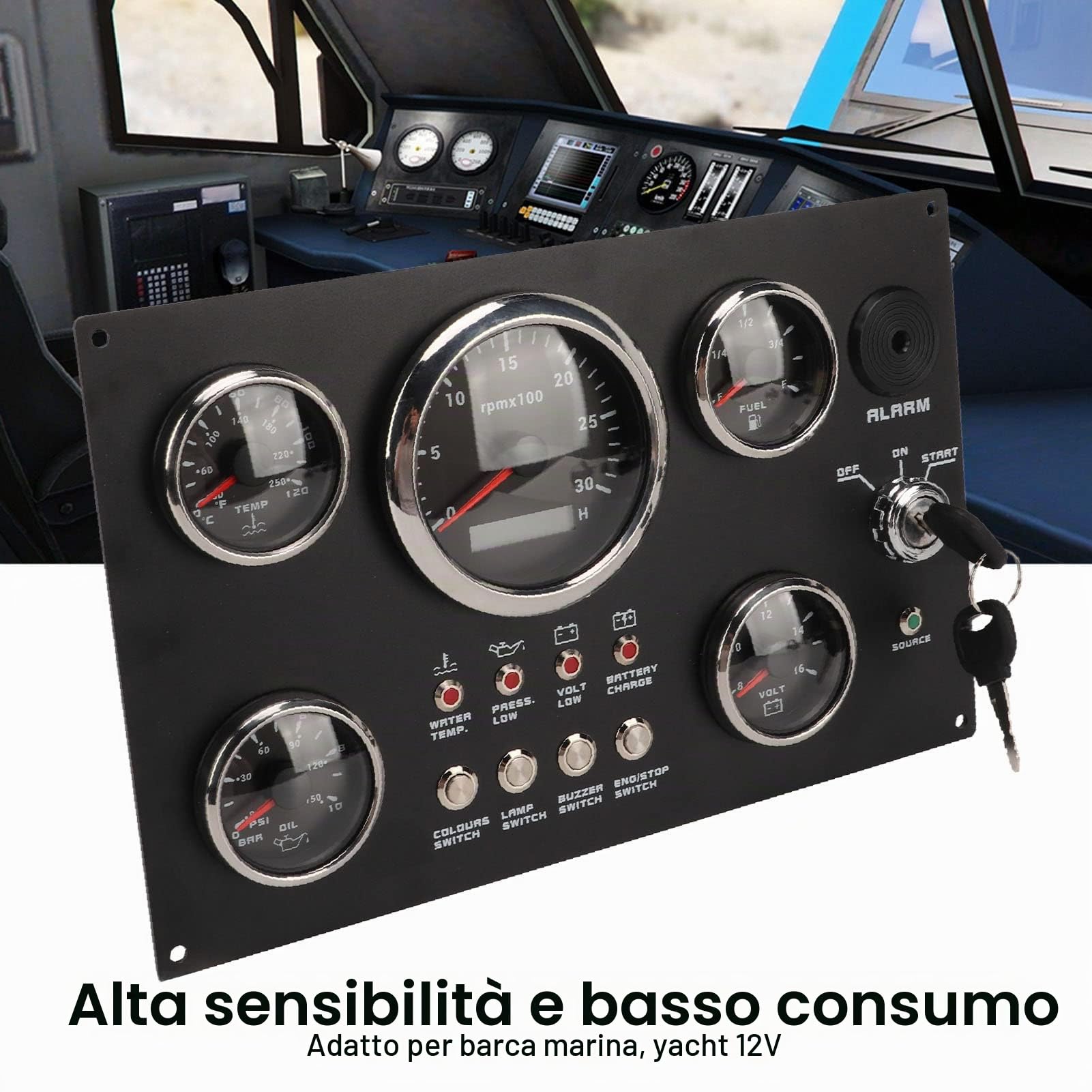 Aramox Quadro Strumenti per Barche, 12V 5 Gauge Cluster Gauge Cluster Panel 7 Colori Retroilluminazione Livello Olio Temperatura Acqua Pressione Olio Tensione Display 0-3000RPM