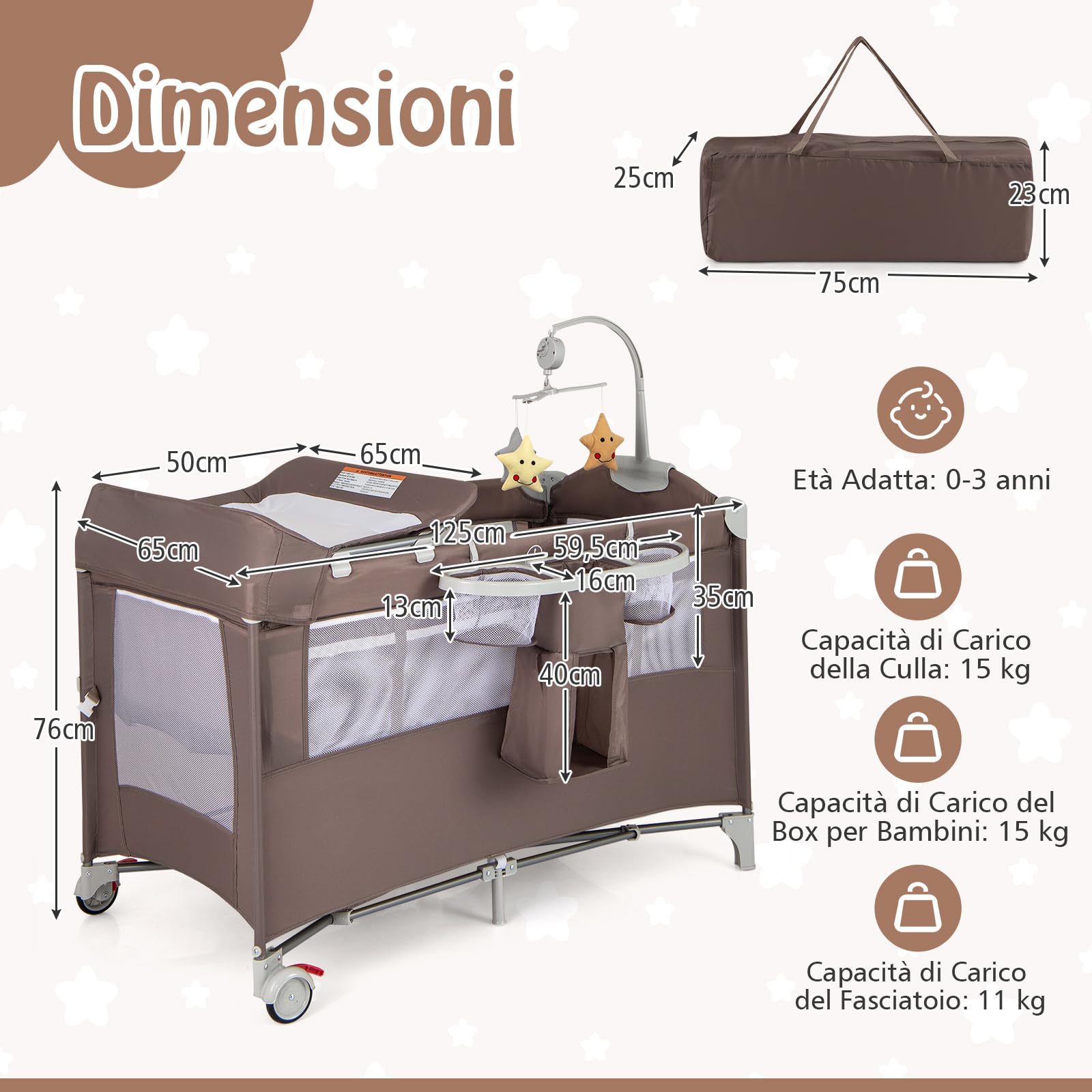 RELAX4LIFE 5 in 1 Lettino da Campeggio per Bambini, Culla Neonato con Fasciatoio e Cingia Fissagio, Carillon e 3 Giocattoli Appesi, Adatto a Bambini da 0-36 Mesi (Marrone)