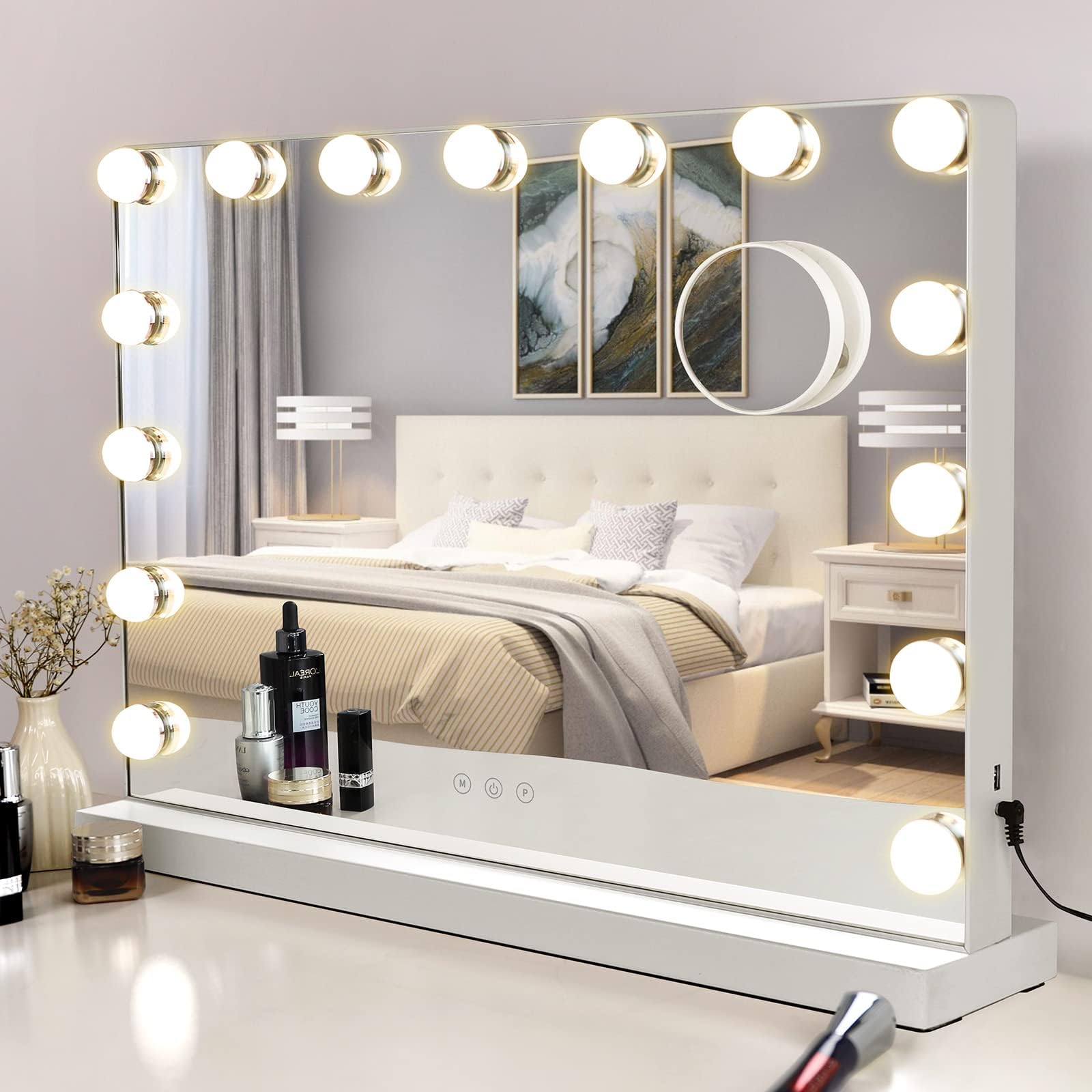 Meidom Hollywood Vanity Mirror with USB Charging Port, 15 Dimmable LED Lights, 3 Color Lighting Modes, Touch Control Tabletop Makeup Mirror with Light- White 22.8×18.1inch