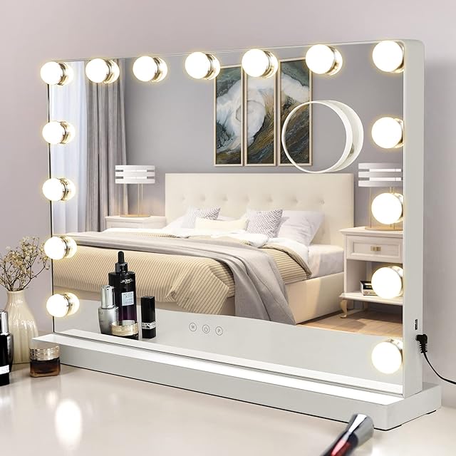 Meidom Hollywood Mirror with Lights, 15 Dimmable LED, USB Charging Function, 22.8×18.1x4.9in, 3 Color Lighting Modes, 5X Magnification mirror, for Wall Mounting and Tabletop, Vanity Mirror, White