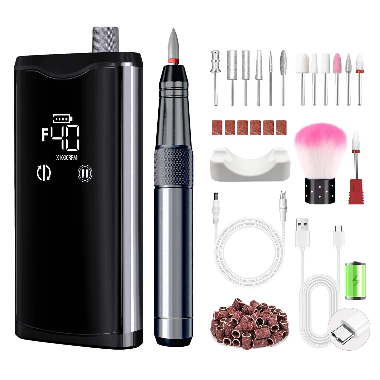 Torno para Uñas Profesional 40000 RPM, Motor sin Núcleo, Lima Eléctrica Inalámbrica Batería 24H, Pantalla Táctil LCD, Torno Uñas Acrílicas y Gel con 13 Accesorios, M95G | Motor sin Núcleo, 40000 RPM,Batería 24H, Lima Eléctrica Inalámbrica, Aleación de Alu