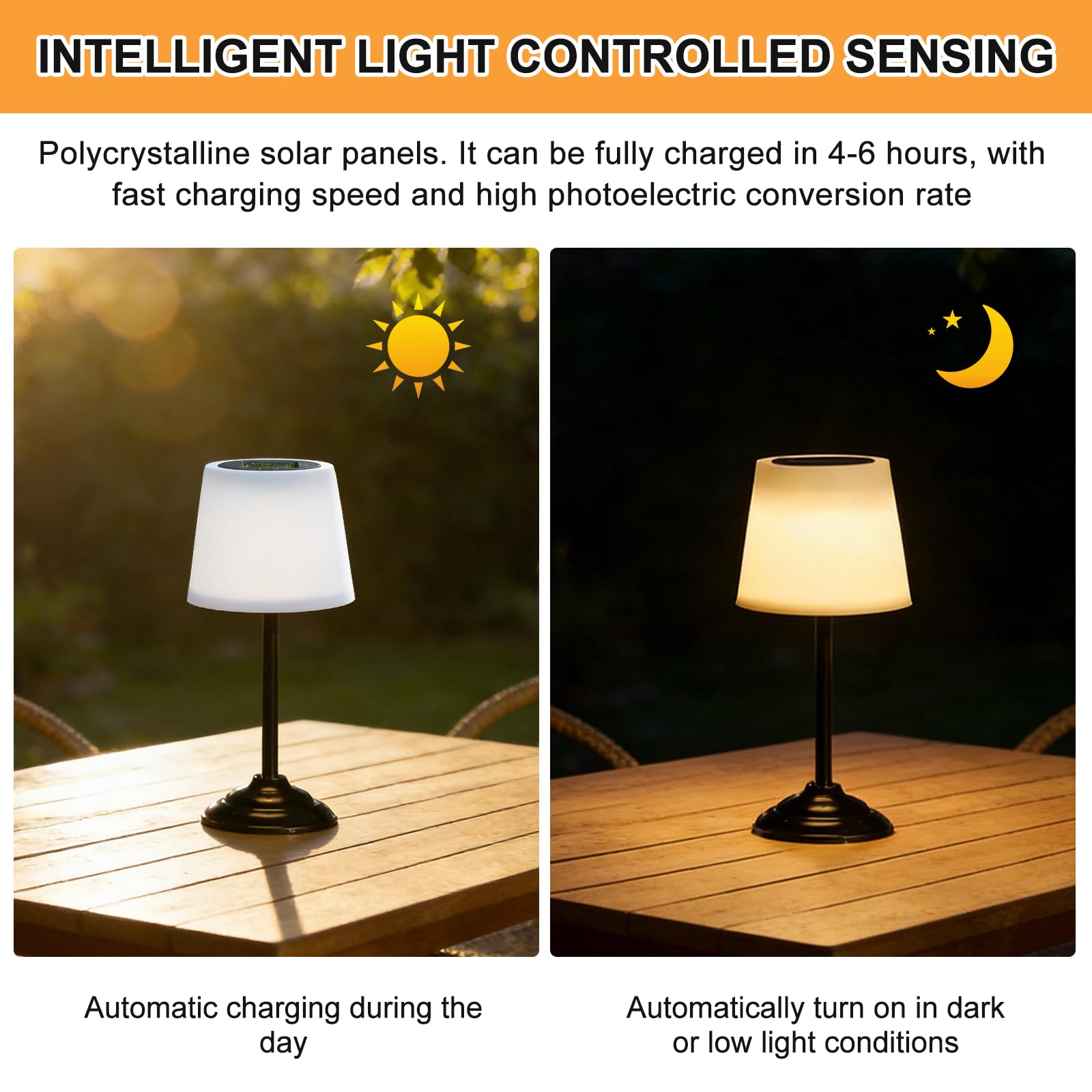 BYZESTY Juego de 2 lámparas solares de mesa para exteriores, lámpara de mesa solar, sin cable, color blanco cálido, para exterior, mesa con sensor de luz, sin cable para jardín, terraza, balcón