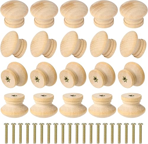 Mozeat Lens 20 pomos de madera para gabinetes, pomos de madera de 1.1 pulgadas, pomos de madera para cajones de aparador, tiradores redondos de