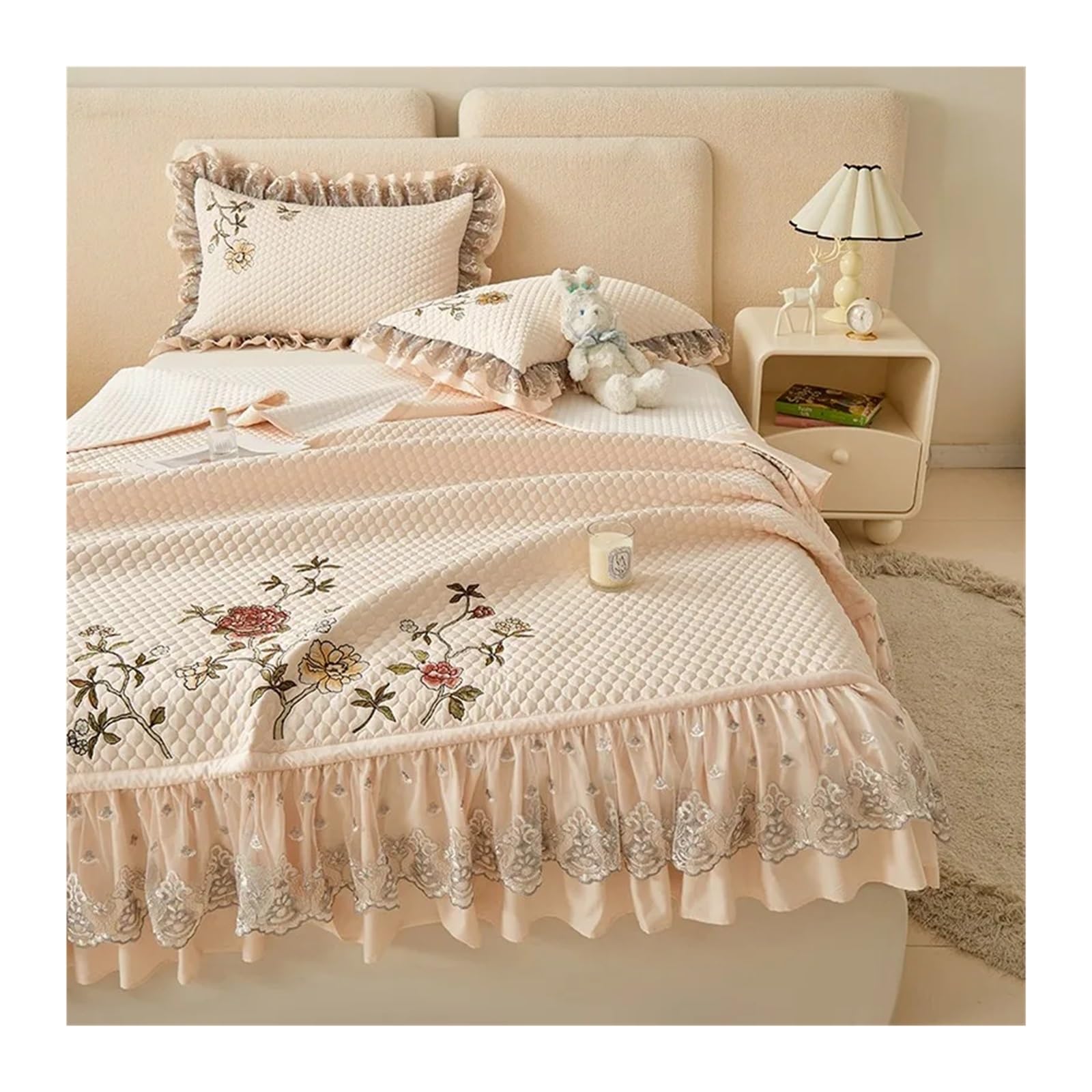 Colcha Cama Juego de Colcha Cama Verano con Volantes Elegantes Bordados, 3 uds., Acolchada Ligera y Suave, 2 ., Fundas Almohada(Khaki)