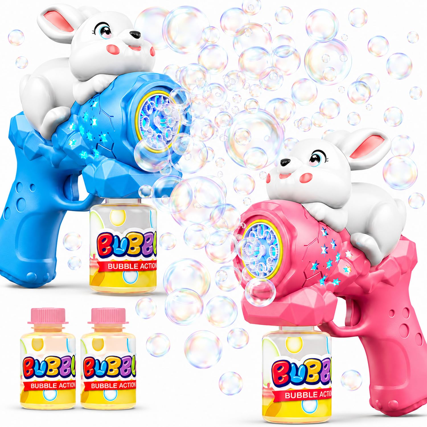 Photo 1 of 2 Pack Bubble Gun for Kids, Rabbit Bubble Machine for Toddler with LED Lights, 12000+ Bubble/Min, 360° Leak-Proof Bubble Blower Blaster Toy, Outdoor Summer Play, Easter, Wedding & Birthday Gifts