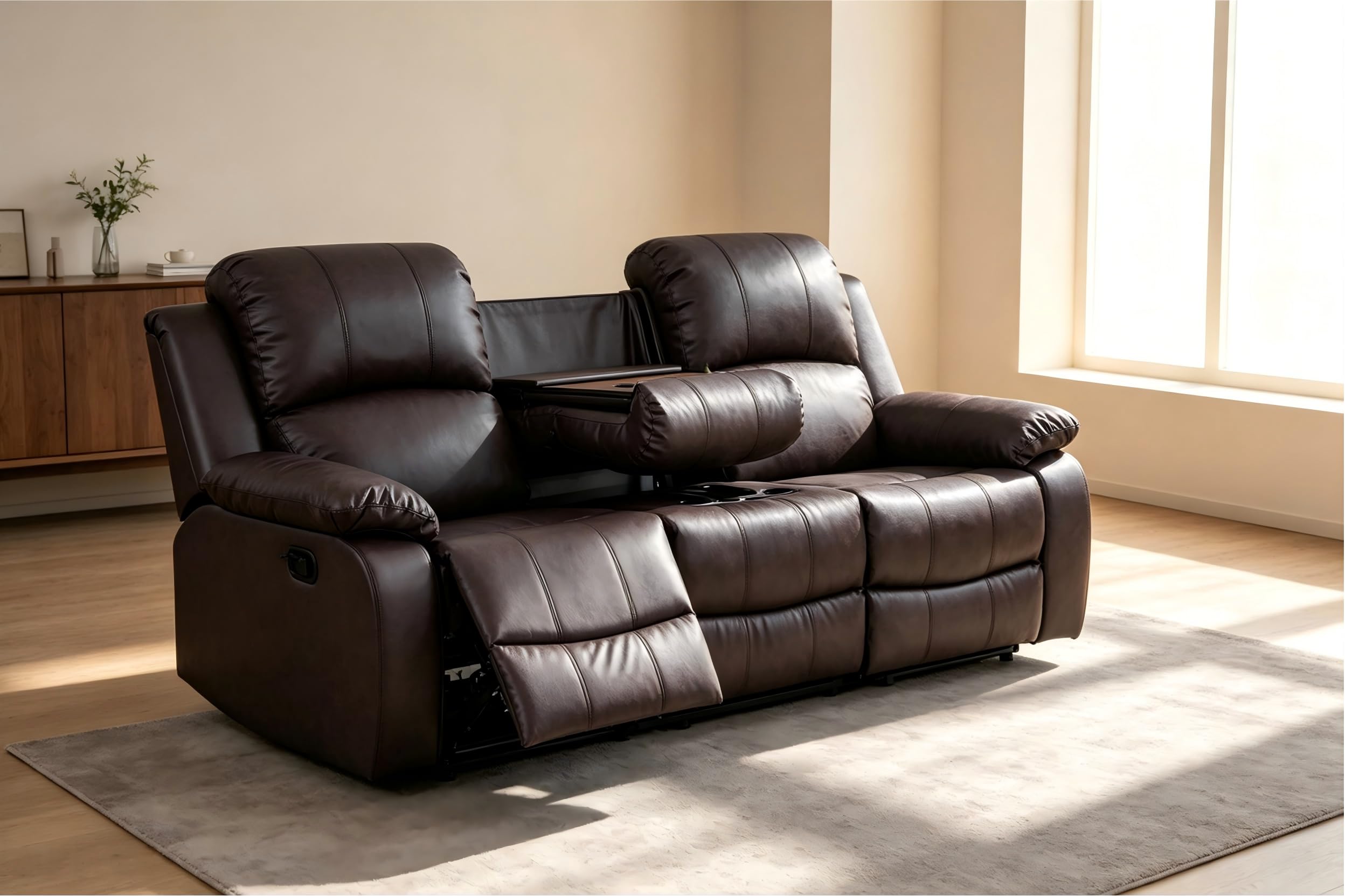 Toseslo Living Room Furniture Set, Manual Reclining Sofa Set, Brown Leather Recliner Couch Sets with Drop-Down Table, Recliner Sofa with Storage Console/Cup Holder for Living Room/Apartment view 2