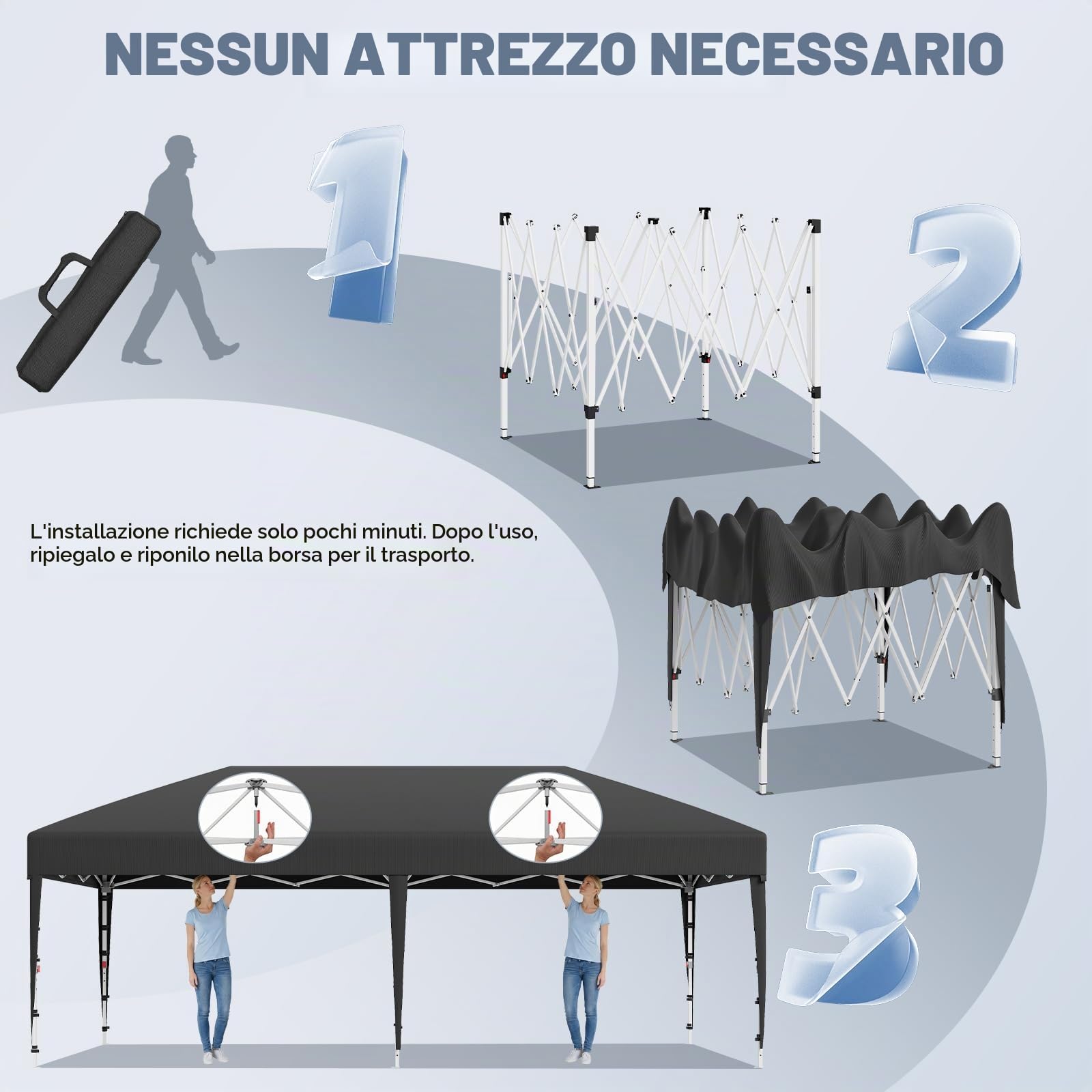 JUMMICO Gazebo 3x6 Pieghevole｜Assemblaggio in 5 Minuti｜Altezza Regolabile & 10cm più Alta｜Stabile al Vento & Impermeabile｜Protezione UV 50+｜Per Giardino, Campeggio & Feste Grigio