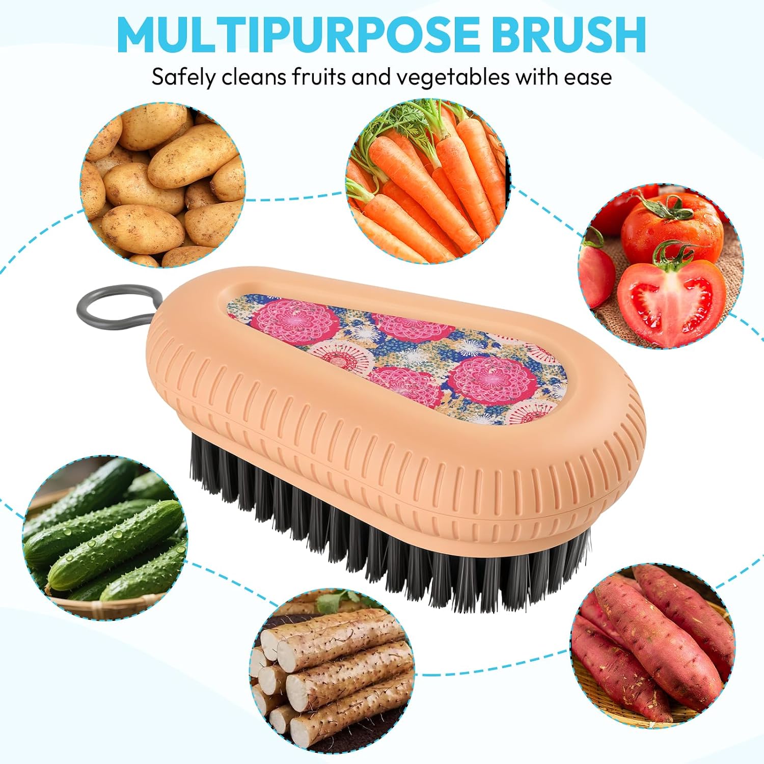 Fruit and Vegetable Brush, Multi-Purpose Produce Scrubber Brush with Non-Slip Handle & Hanging Loop