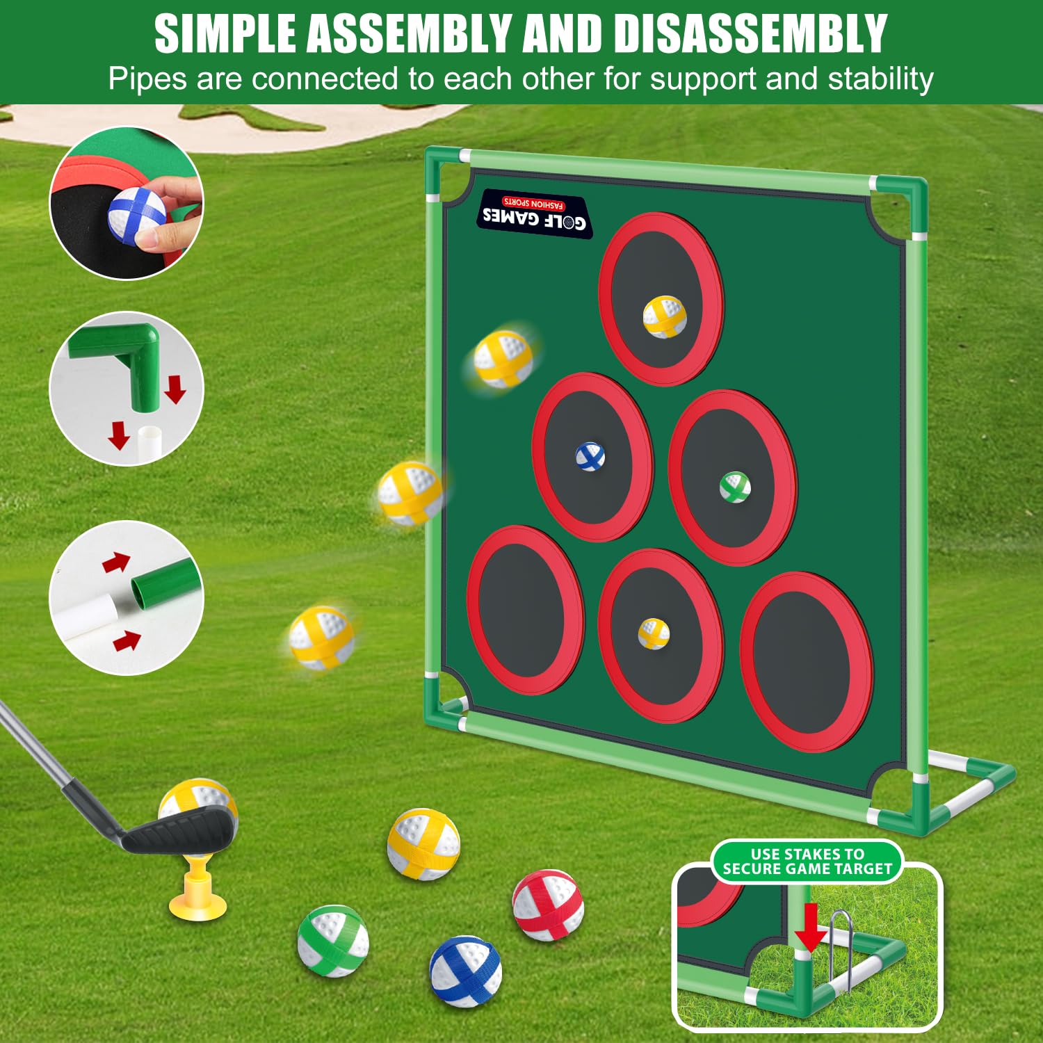 Mostop Juego de juego de golf – Juego de Cornhole para patio trasero incluye alfombrilla de putt, 20 bolas adhesivas, 6 fundas de agujero, bolsa de transporte, juegos de patio de golf para adultos